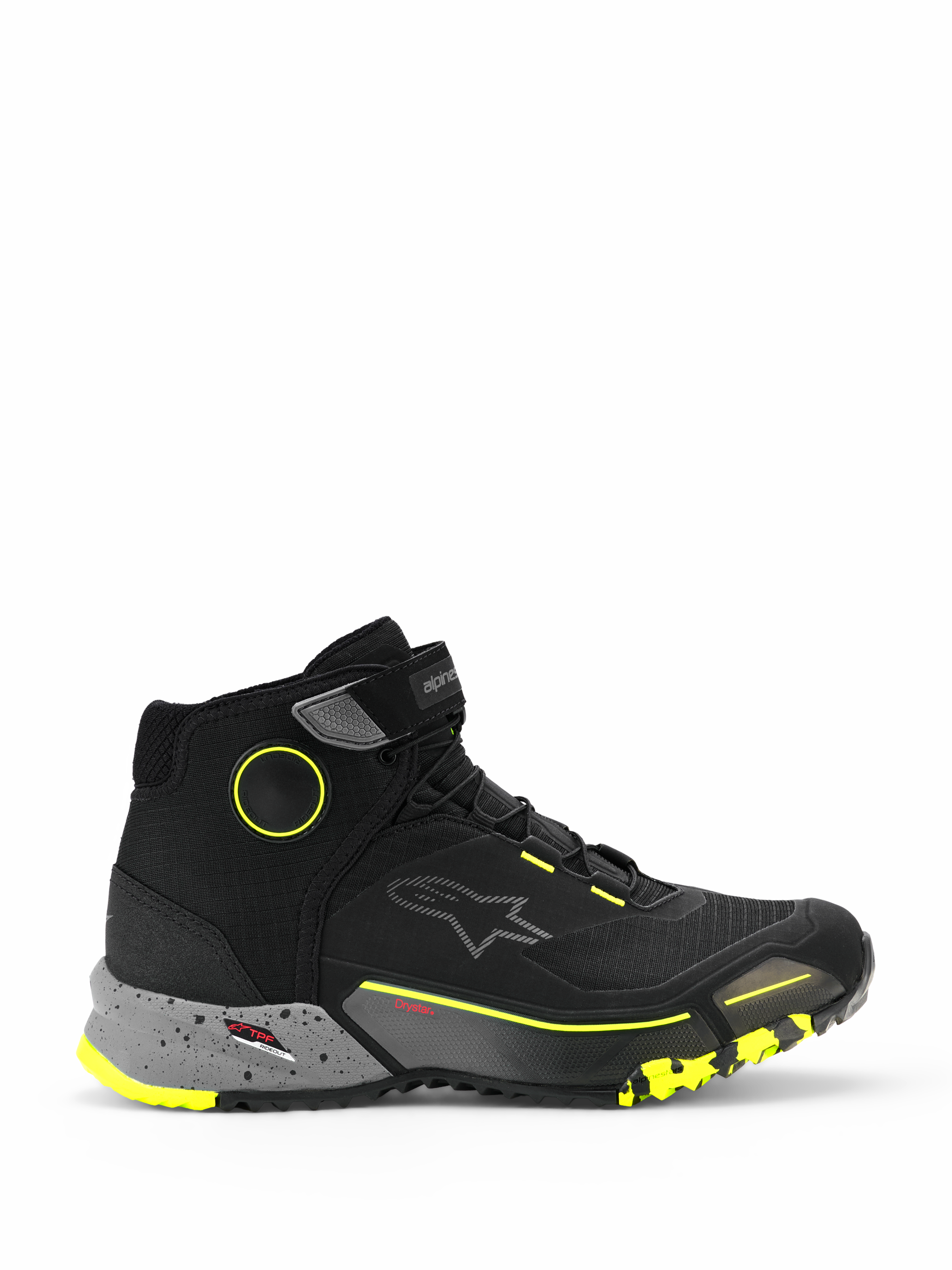 Chaussures de moto Alpinestars CR-X Drystar, baskets de moto urbaines montantes, noires avec semelle intermédiaire gris foncé mouchetée et accents jaune fluo, membrane Drystar imperméable, semelle texturée robuste, chaussures de moto protectrices au style décontracté