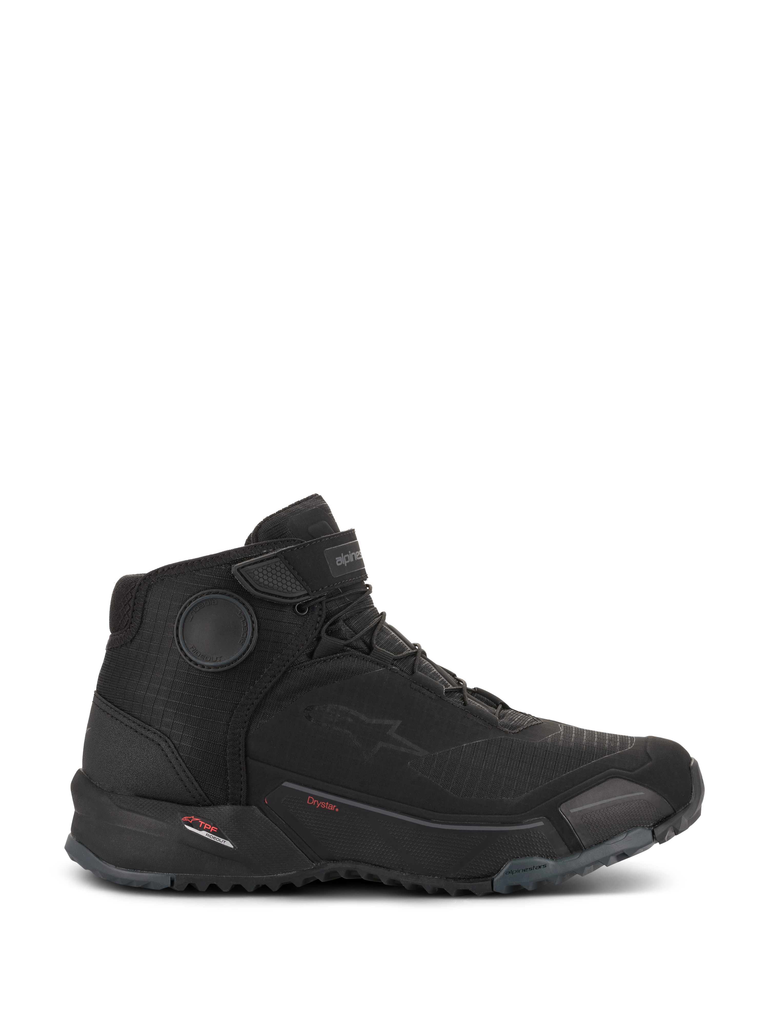 Alpinestars CR-X Drystar Riding Shoes, Black motorcycle footwear, side profile view, waterproof urban riding shoe, lace-up closure with top strap, thick textured rubber sole, sporty design with Alpinestars branding