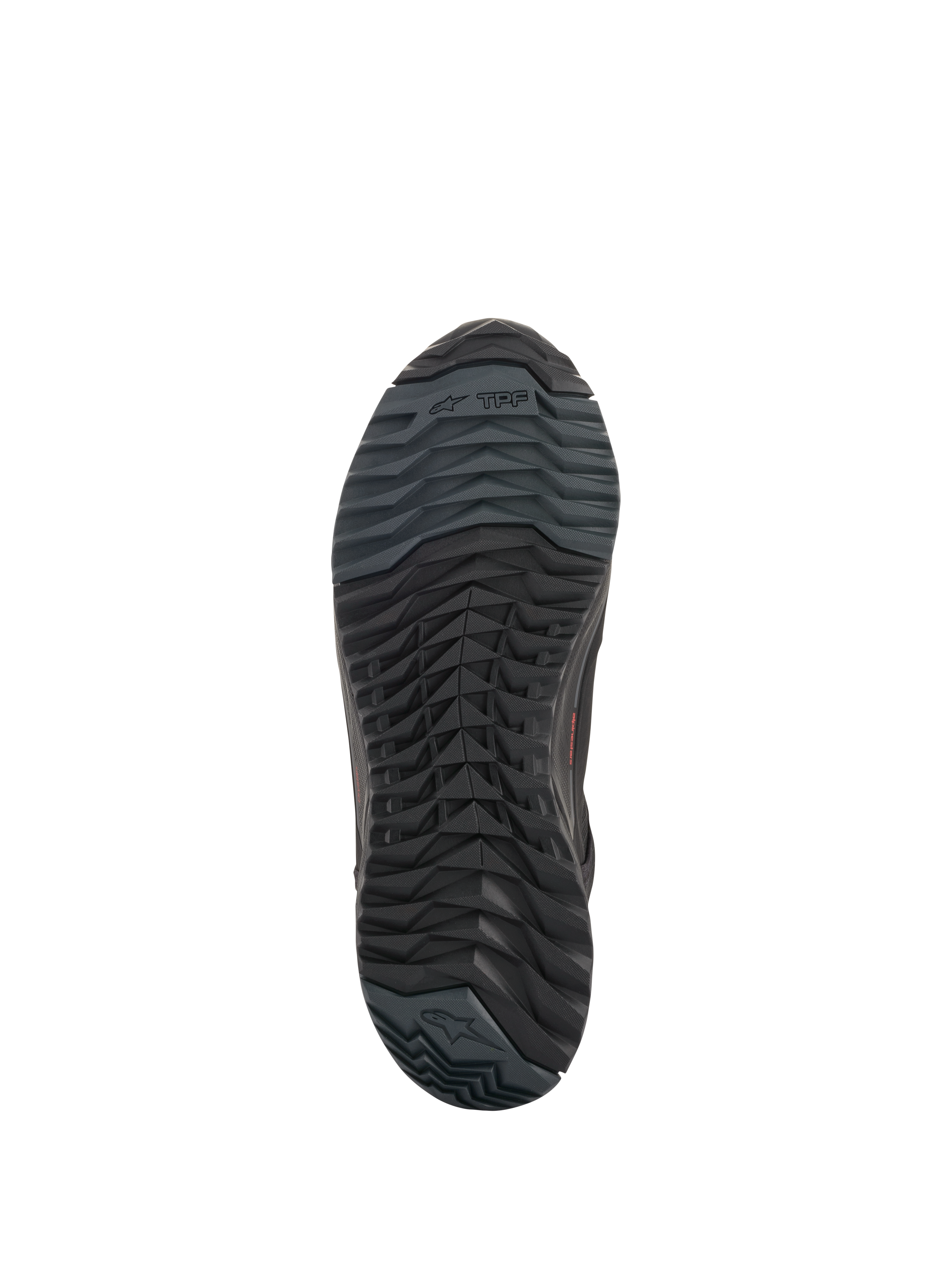 Alpinestars CR-X Drystar® Riding Shoes, Motorcycle Riding Shoes, Black, bottom view of the outsole showing asymmetric stud configuration, oil-resistant rubber compound, and Alpinestars branding.
