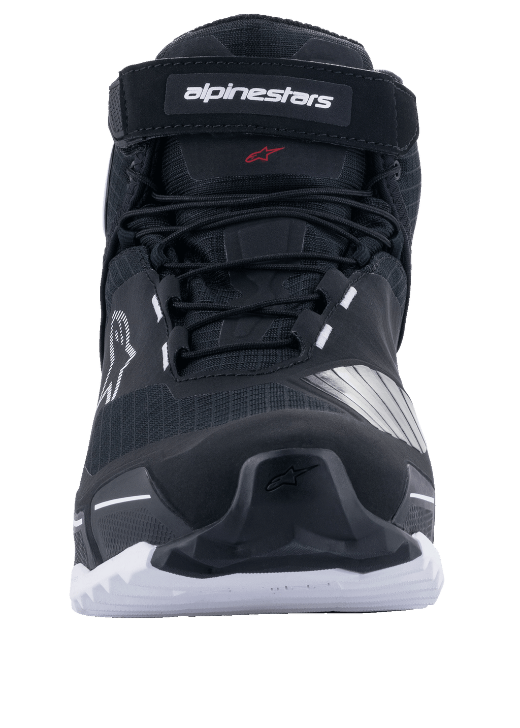 Chaussures de moto Alpinestars CR-X Drystar®, noir et blanc, vue de face montrant les lacets et la sangle supérieure avec logo Alpinestars, semelle blanche avec adhérence robuste, design inspiré des chaussures de course pour la route et l'aventure