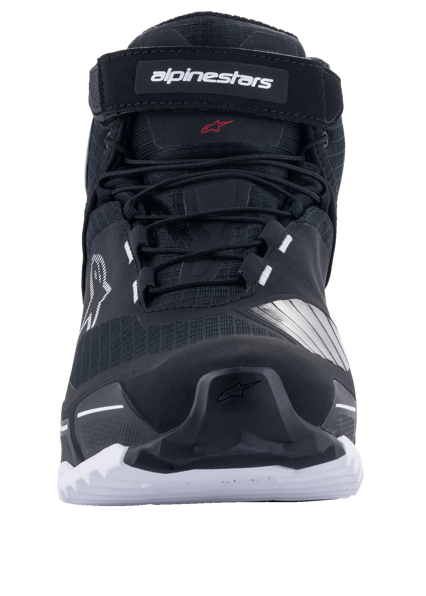 Chaussures de moto Alpinestars CR-X Drystar®, noir et blanc, vue de face montrant les lacets et la sangle supérieure avec logo Alpinestars, semelle blanche avec adhérence robuste, design inspiré des chaussures de course pour la route et l'aventure