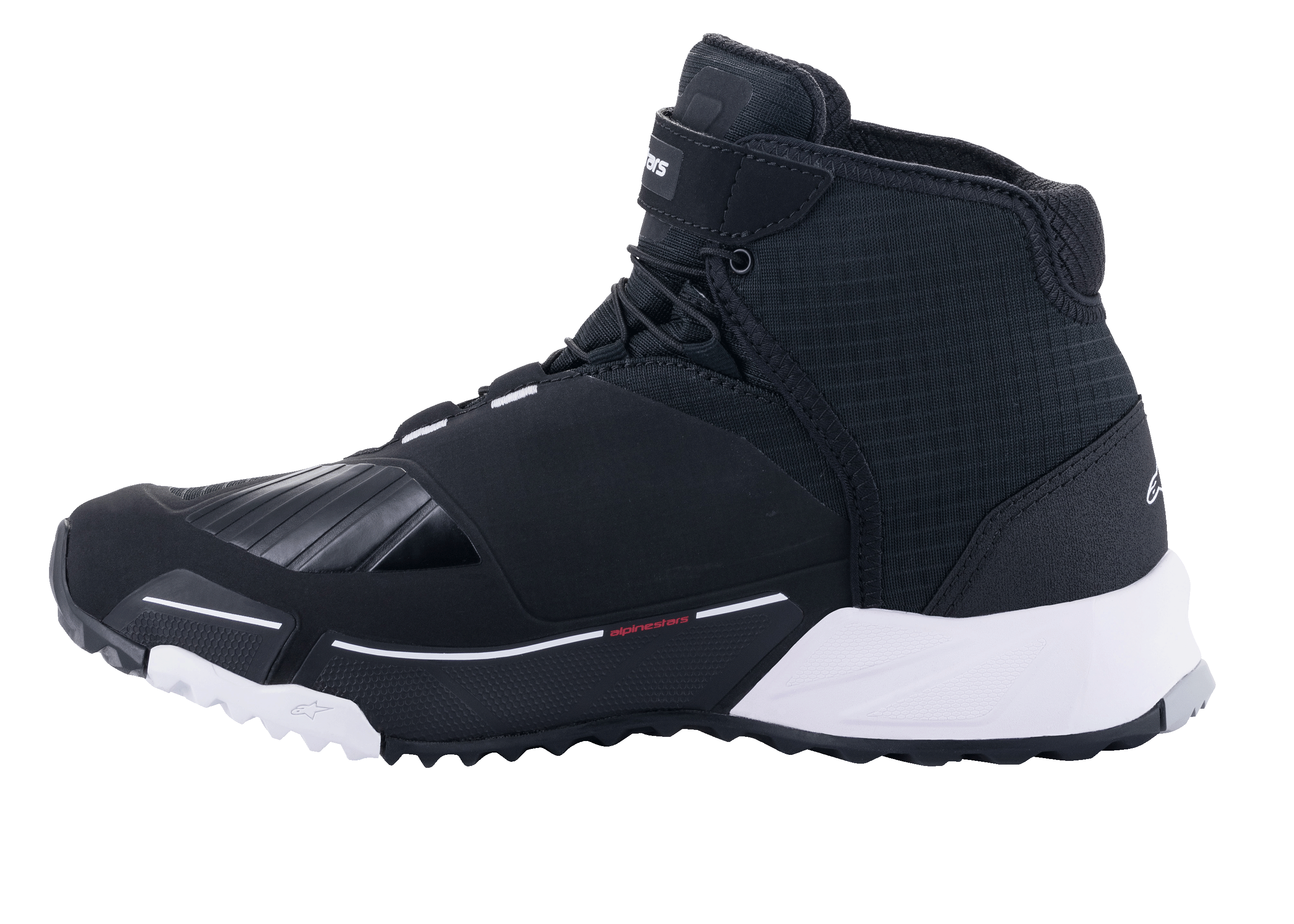 Chaussures de moto Alpinestars CR-X Drystar®, chaussures de moto, noir et blanc, profil latéral présentant un design inspiré des chaussures de course avec une tige en textile imperméable, une semelle intermédiaire en EVA blanc et une zone du sélecteur de vitesse renforcée sur la pointe.