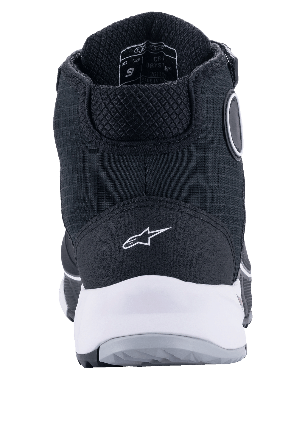Chaussures de moto Alpinestars CR-X Drystar®, noir et blanc, vue arrière montrant la semelle intermédiaire blanche et le logo au talon, tige en textile texturé avec construction montante protectrice, conçues pour la conduite moto imperméable et le confort de marche
