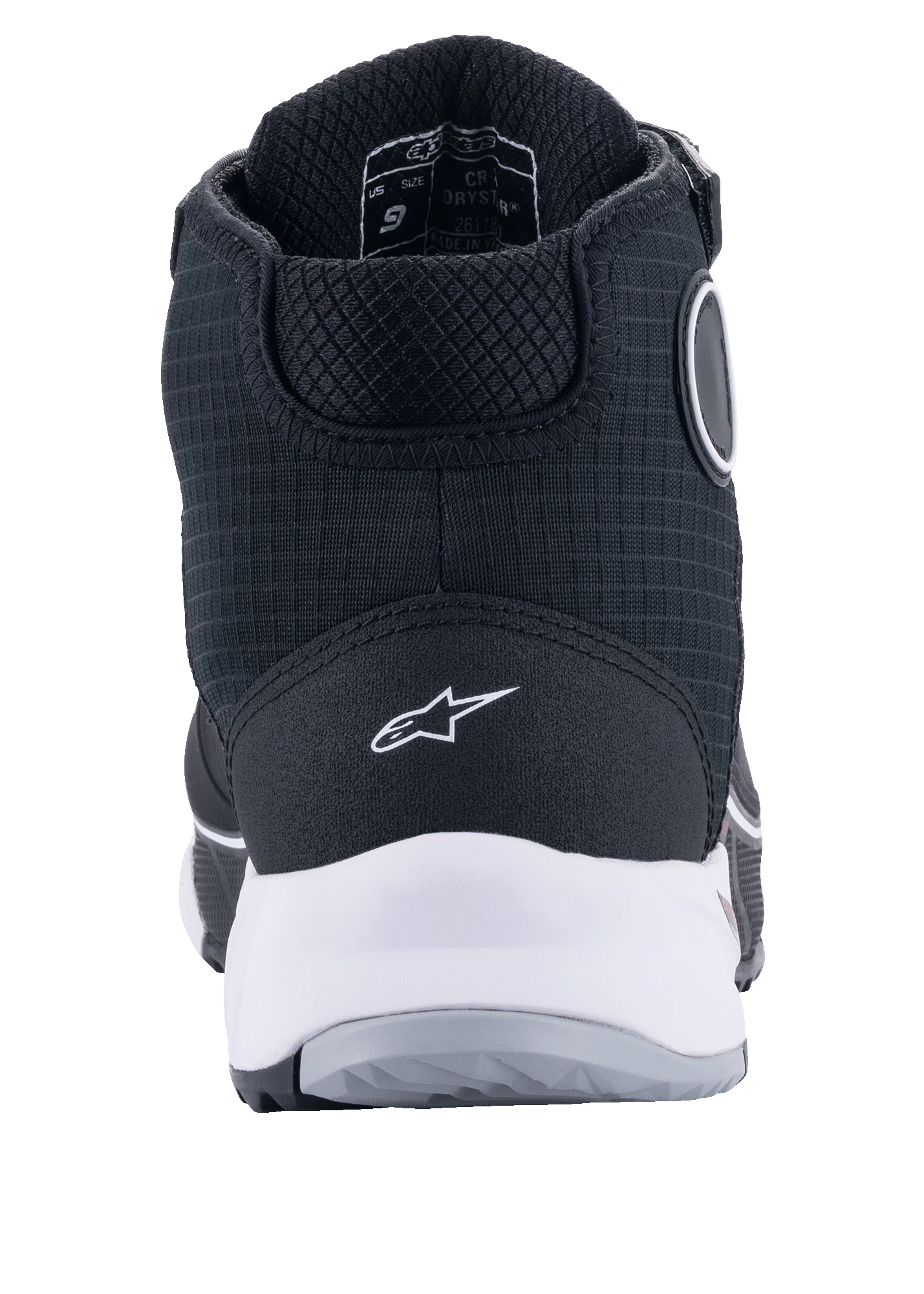 Chaussures de moto Alpinestars CR-X Drystar®, noir et blanc, vue arrière montrant la semelle intermédiaire blanche et le logo au talon, tige en textile texturé avec construction montante protectrice, conçues pour la conduite moto imperméable et le confort de marche