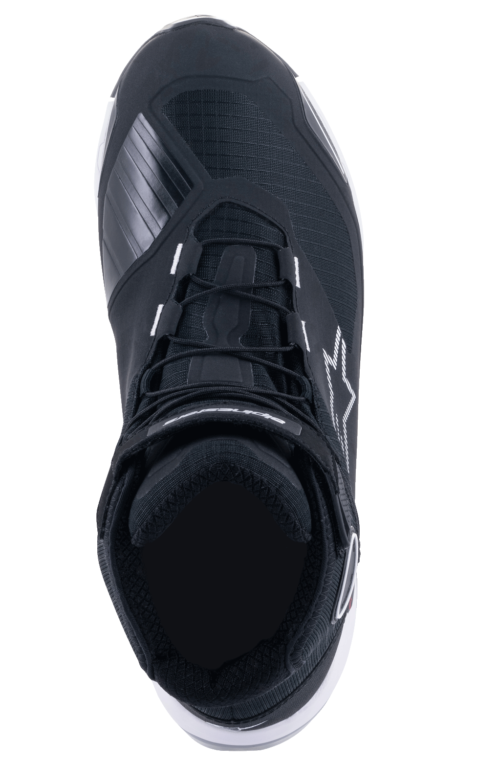 Chaussures de moto Alpinestars CR-X Drystar®, vue de dessus, noir et blanc, avec fermeture à lacets et sangle de cheville auto-agrippante, renfort de sélecteur texturé sur le bout du pied, logo étoile blanc sur le côté, chaussures de moto durables et imperméables
