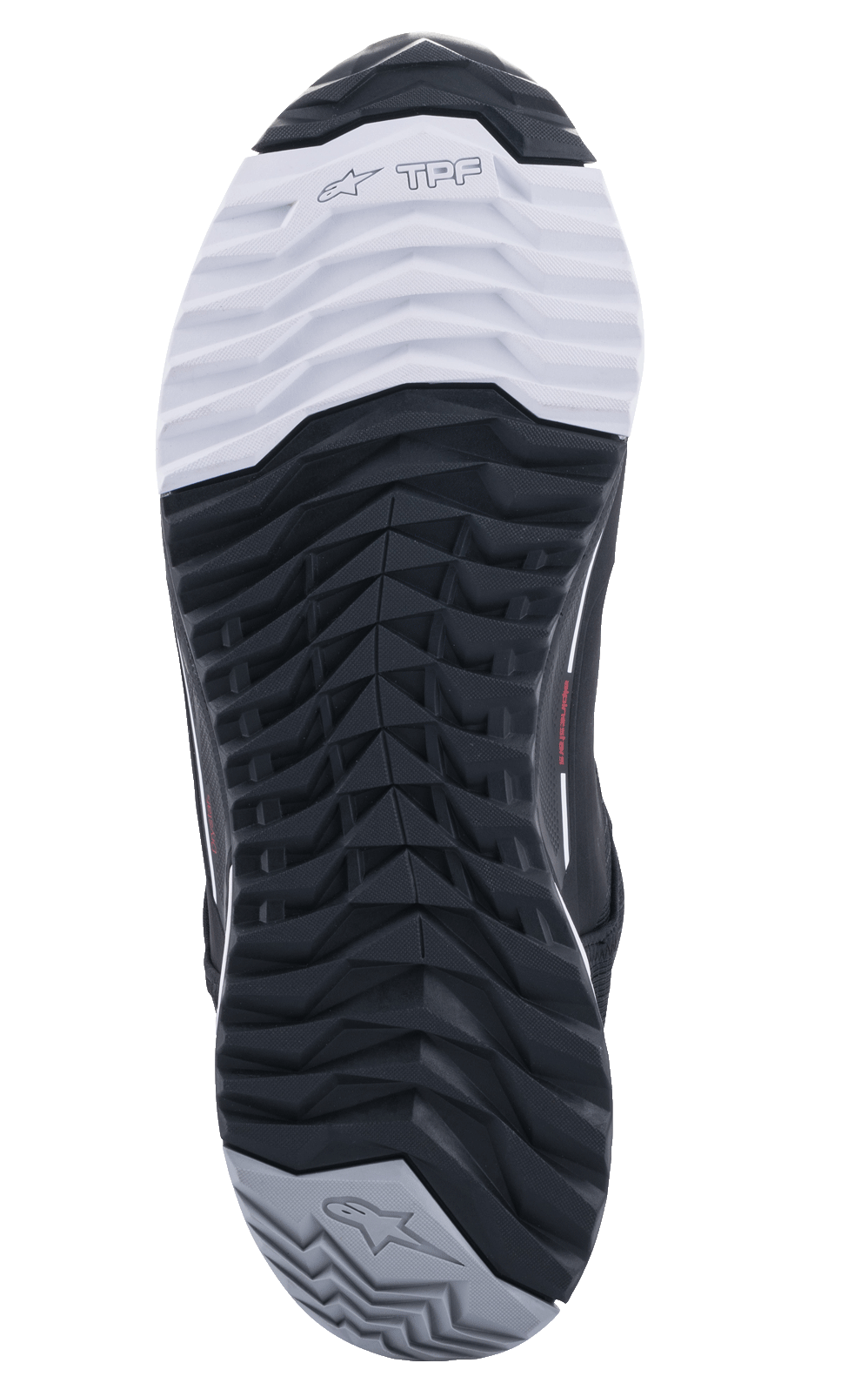 Chaussures de moto Alpinestars CR-X Drystar®, vue de la semelle extérieure, semelle en mélange de deux caoutchoucs noir, blanc et gris, motifs de crampons asymétriques pour l'adhérence, avec marquage TPF et logos étoiles
