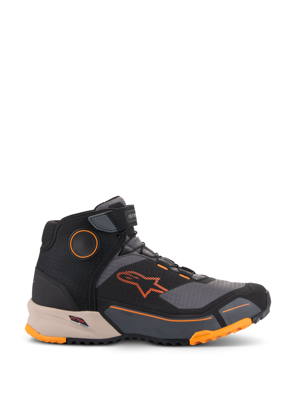 Chaussures de moto Alpinestars CR-X Drystar®, chaussures de moto urbaines, noires, grises et orange avec semelle intermédiaire marron clair, design montant avec sangle Velcro à la cheville, logo orange vif et semelle robuste avec accents orange