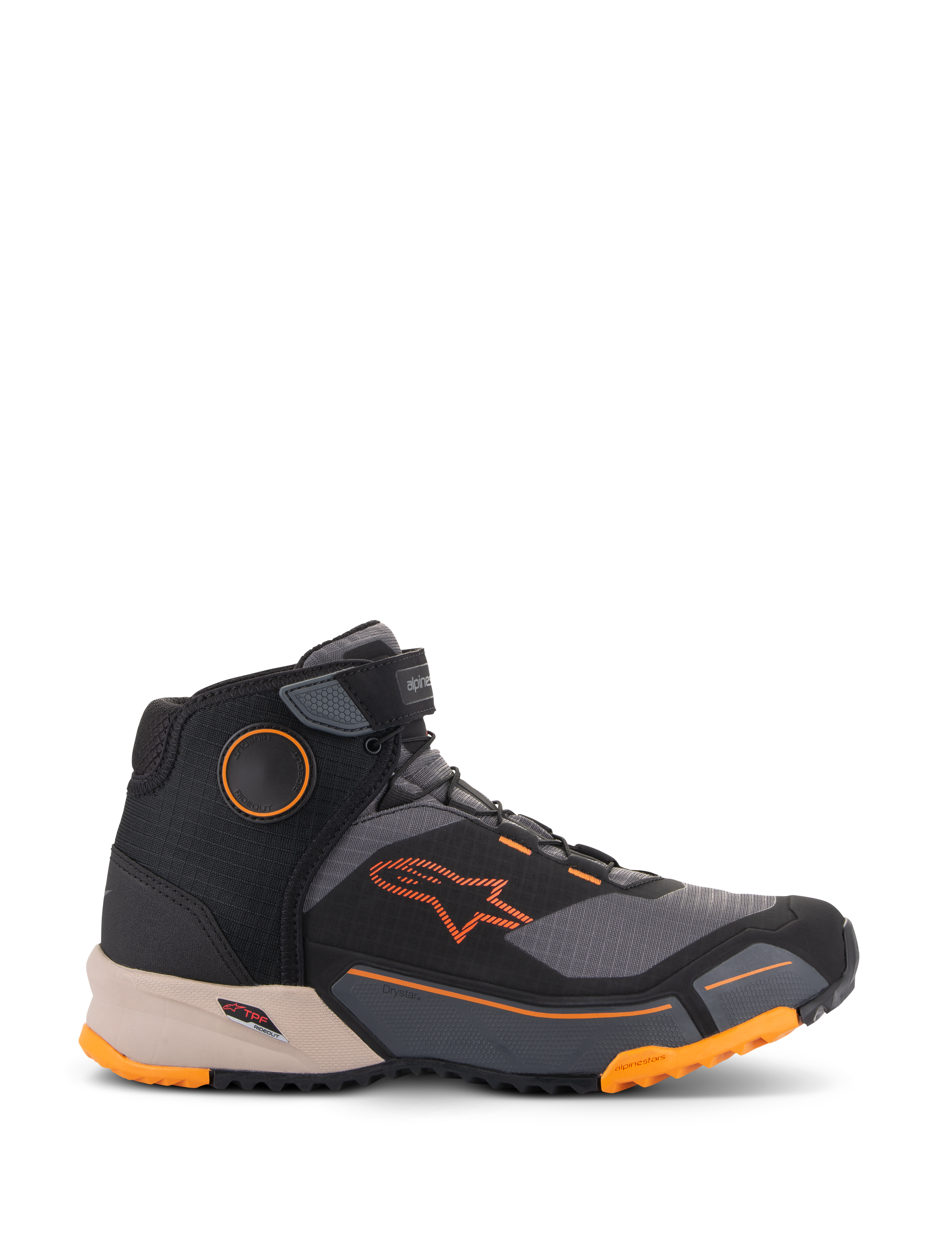 Chaussures de moto Alpinestars CR-X Drystar®, chaussures de moto urbaines, noires, grises et orange avec semelle intermédiaire marron clair, design montant avec sangle Velcro à la cheville, logo orange vif et semelle robuste avec accents orange