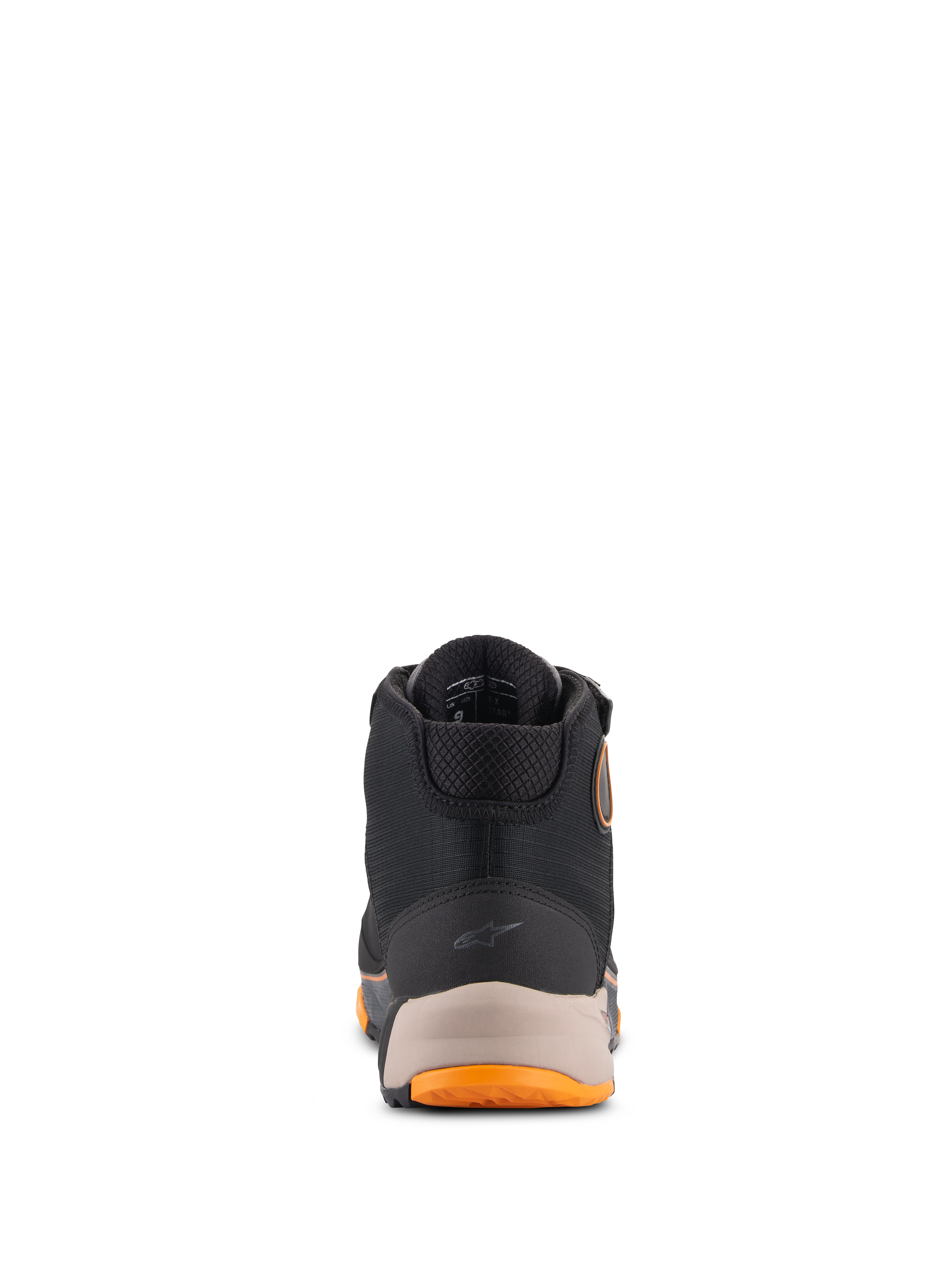 Chaussures Alpinestars CR-X Drystar®, chaussures de moto, noir, marron clair et orange, vue arrière présentant le talon renforcé avec un petit logo Alpinestars, le col rembourré et les détails orange sur la semelle, chaussures de conduite imperméables.
