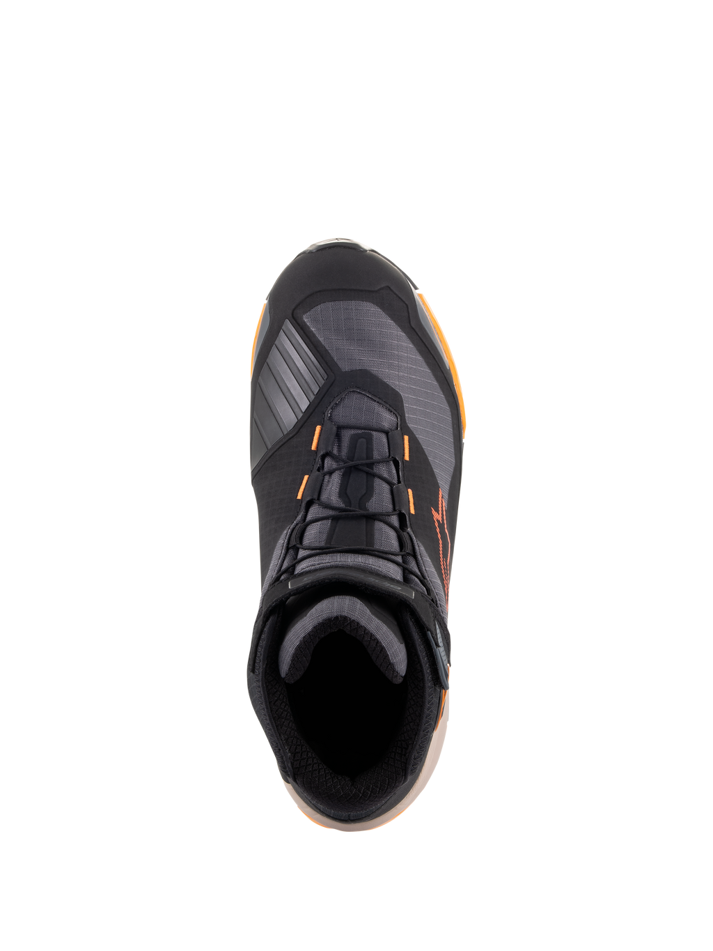Chaussures de moto Alpinestars CR-X Drystar®, vue de dessus, coloris Noir Marron Clair Orange, chaussures de moto de style athlétique avec lacets noirs, accents orange et semelle marron clair, équipement de protection imperméable pour la conduite sur route et urbaine.