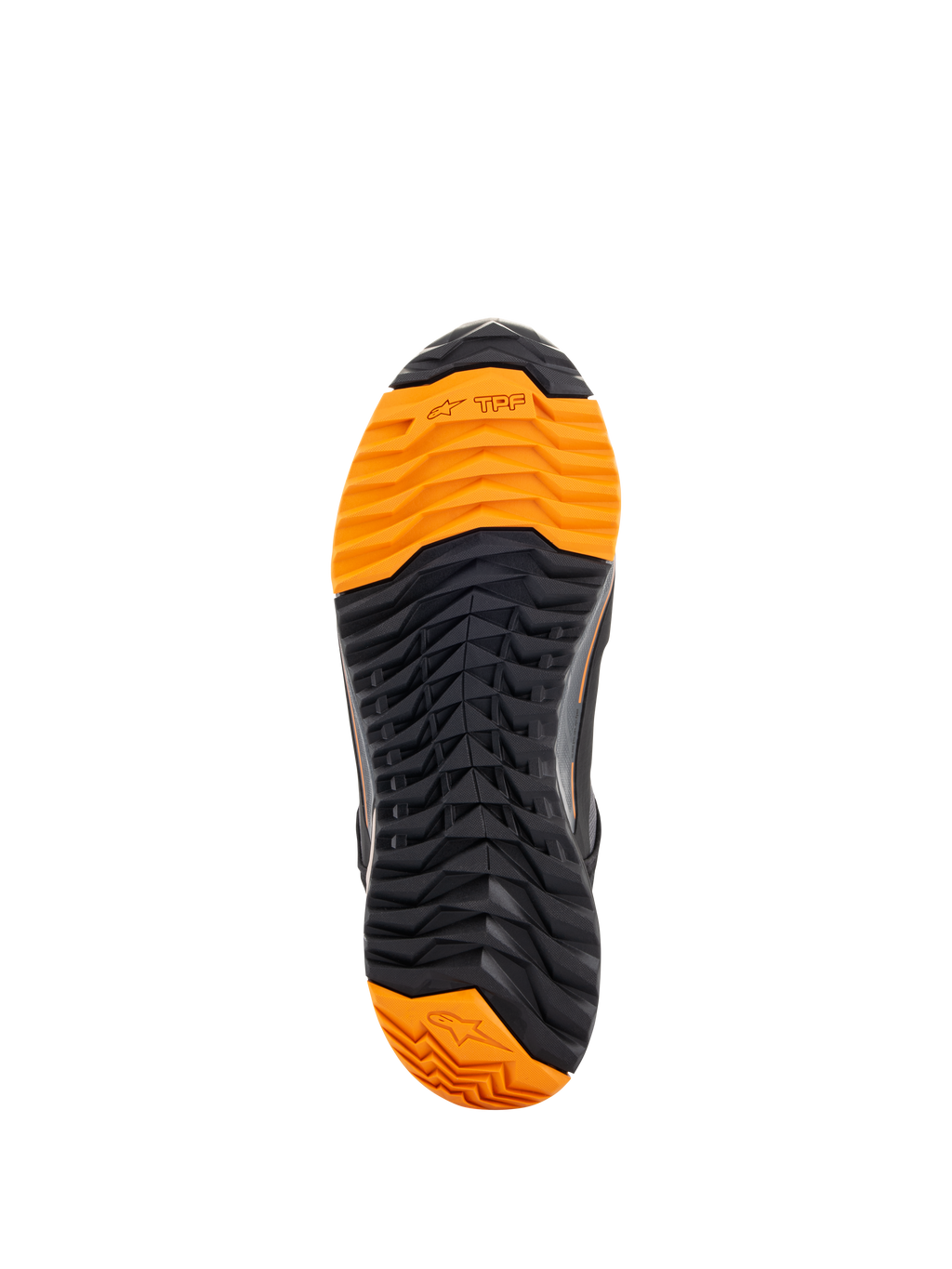 Chaussures de moto Alpinestars CR-X Drystar®, vue de dessous de la semelle, surface d'usure noire et orange vif, profil à crampons agressif pour l'adhérence, avec logos TPF et étoile Alpinestars, conçues pour la conduite à moto et le confort de marche