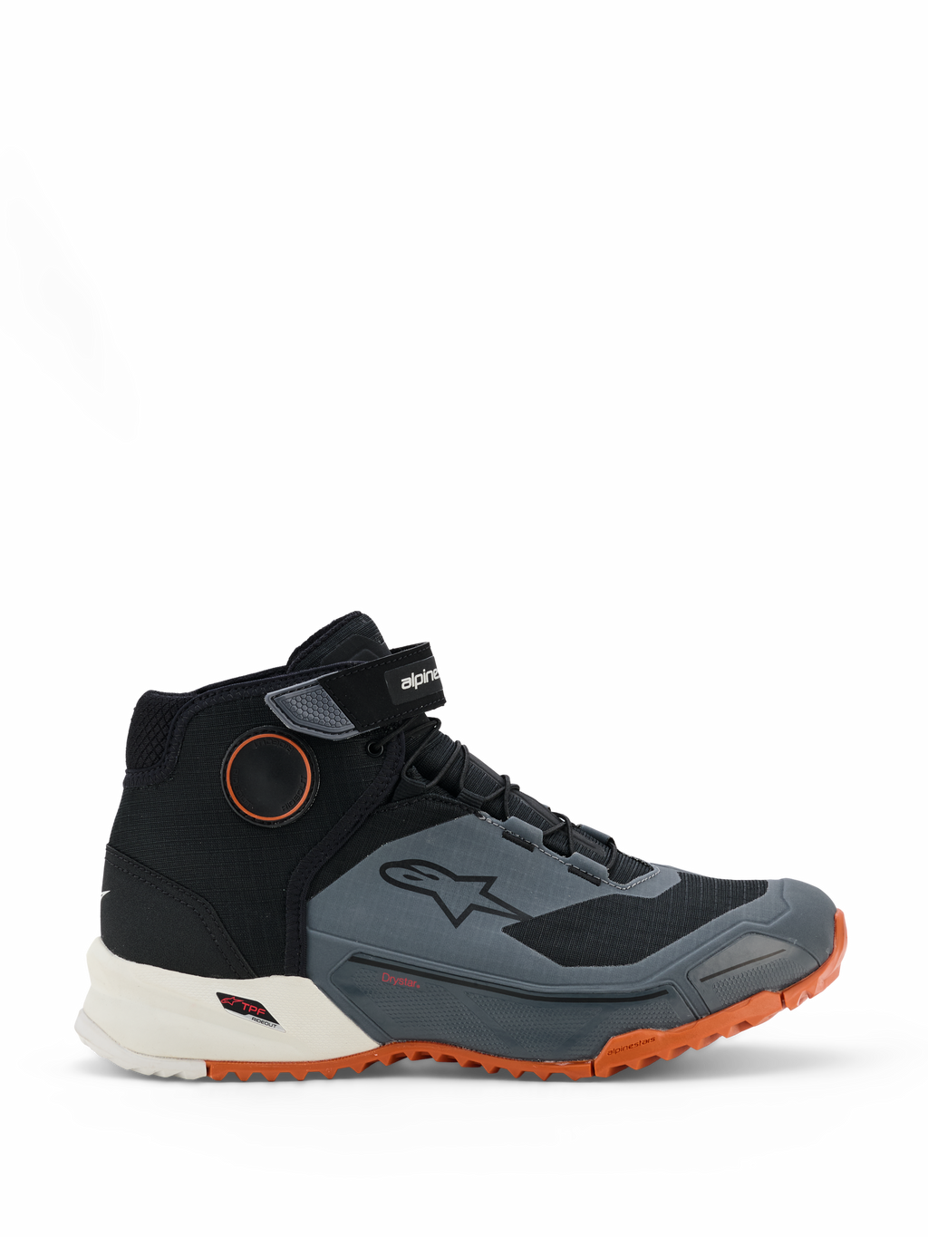 Chaussures de moto Alpinestars CR-X Drystar, noir, gris foncé et rouille, design montant avec sangle velcro à la cheville, membrane Drystar imperméable, semelle intermédiaire blanche et semelle extérieure robuste orange vif