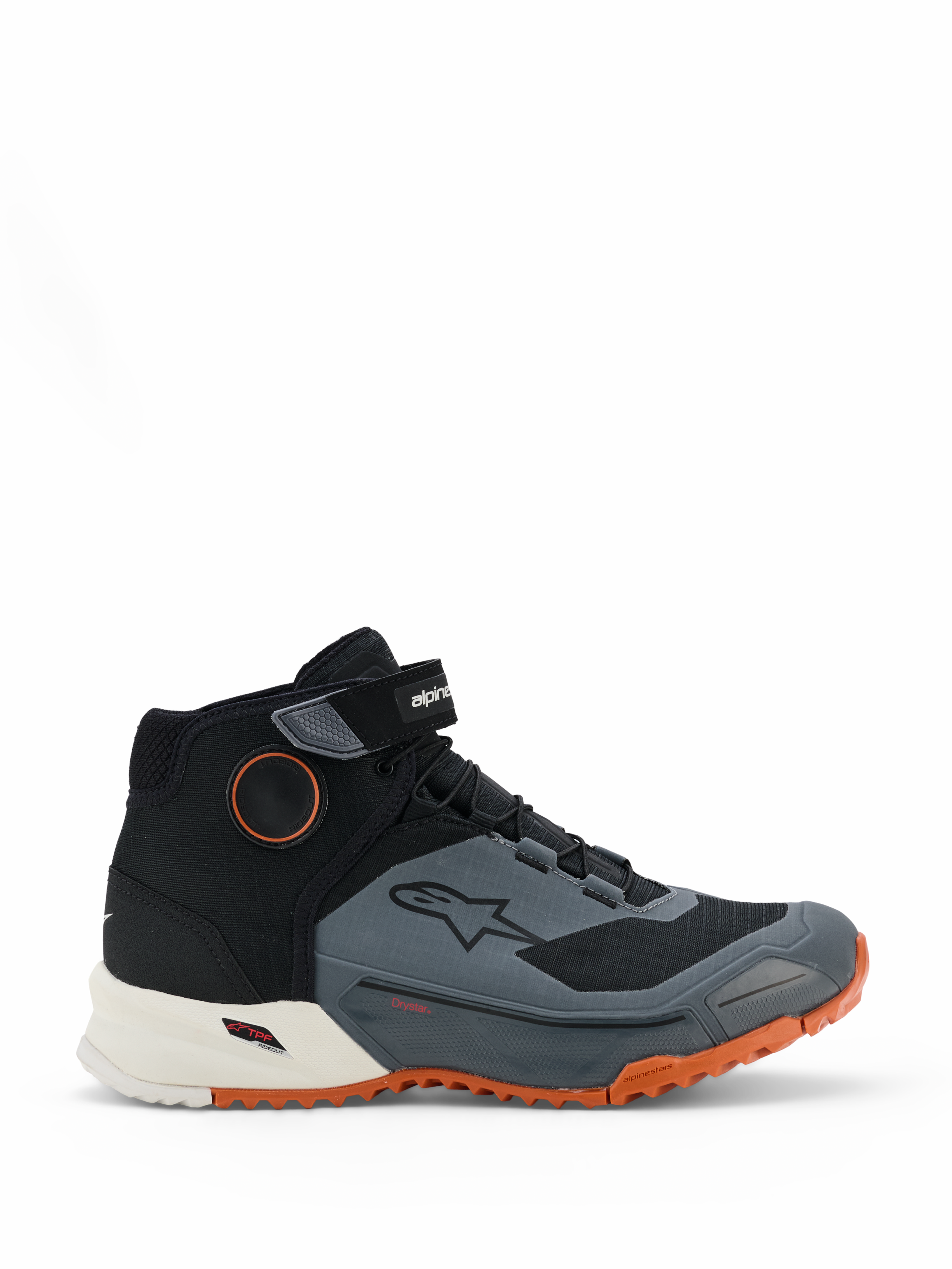 Alpinestars CR-X Drystar Riding Shoes, Motorcycle Riding Shoes, Black Dark Gray and Rust, featuring a high-top design with Velcro ankle strap, waterproof Drystar membrane, white midsole, and bright orange rugged outsole