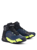 Chaussures de moto Alpinestars CR-X Drystar®, noir, bleu foncé et jaune fluo, chaussures de moto imperméables avec silhouette de chaussure de course, design mi-montant au style athlétique et accents jaune fluo vifs.