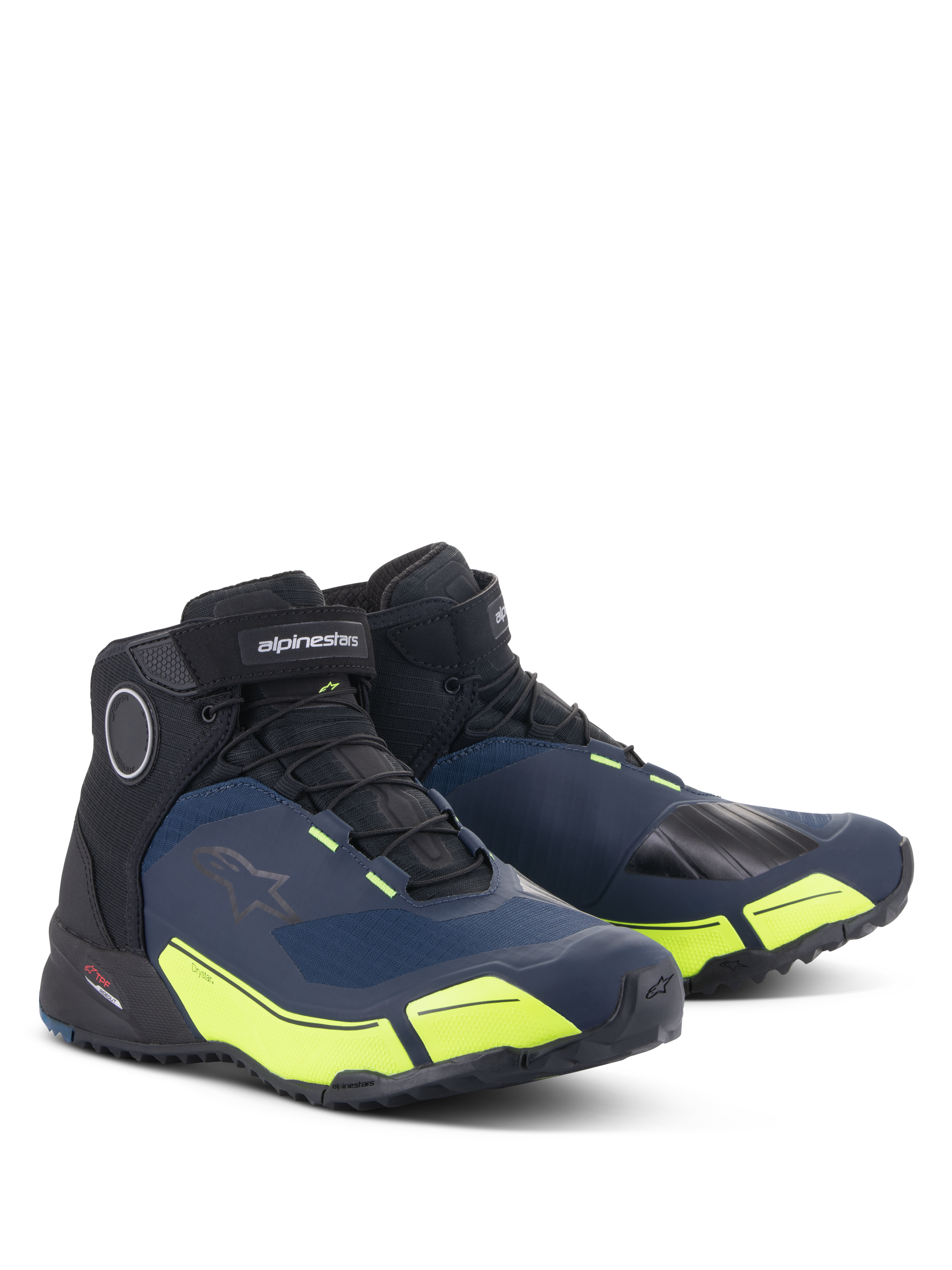 Chaussures de moto Alpinestars CR-X Drystar®, noir, bleu foncé et jaune fluo, chaussures de moto imperméables avec silhouette de chaussure de course, design mi-montant au style athlétique et accents jaune fluo vifs.