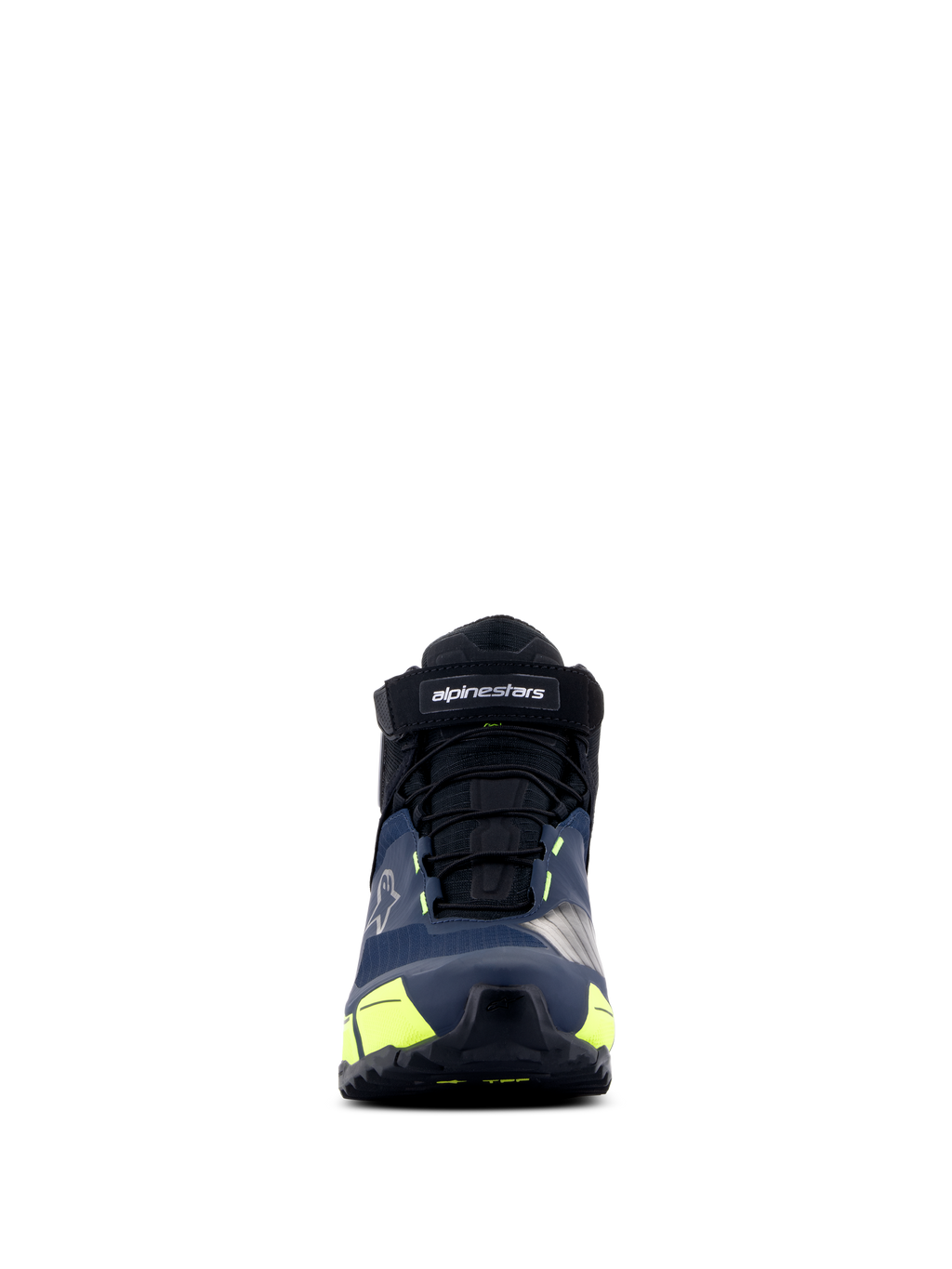 Chaussures de moto Alpinestars CR-X Drystar®, chaussures de moto, noir, bleu foncé et jaune fluo, vue de face, avec sangle velcro et logo Alpinestars, lacets noirs et touches jaune vif, design d'inspiration athlétique pour un confort quotidien.