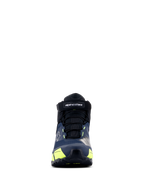 Chaussures de moto Alpinestars CR-X Drystar®, chaussures de moto, noir, bleu foncé et jaune fluo, vue de face, avec sangle velcro et logo Alpinestars, lacets noirs et touches jaune vif, design d'inspiration athlétique pour un confort quotidien.
