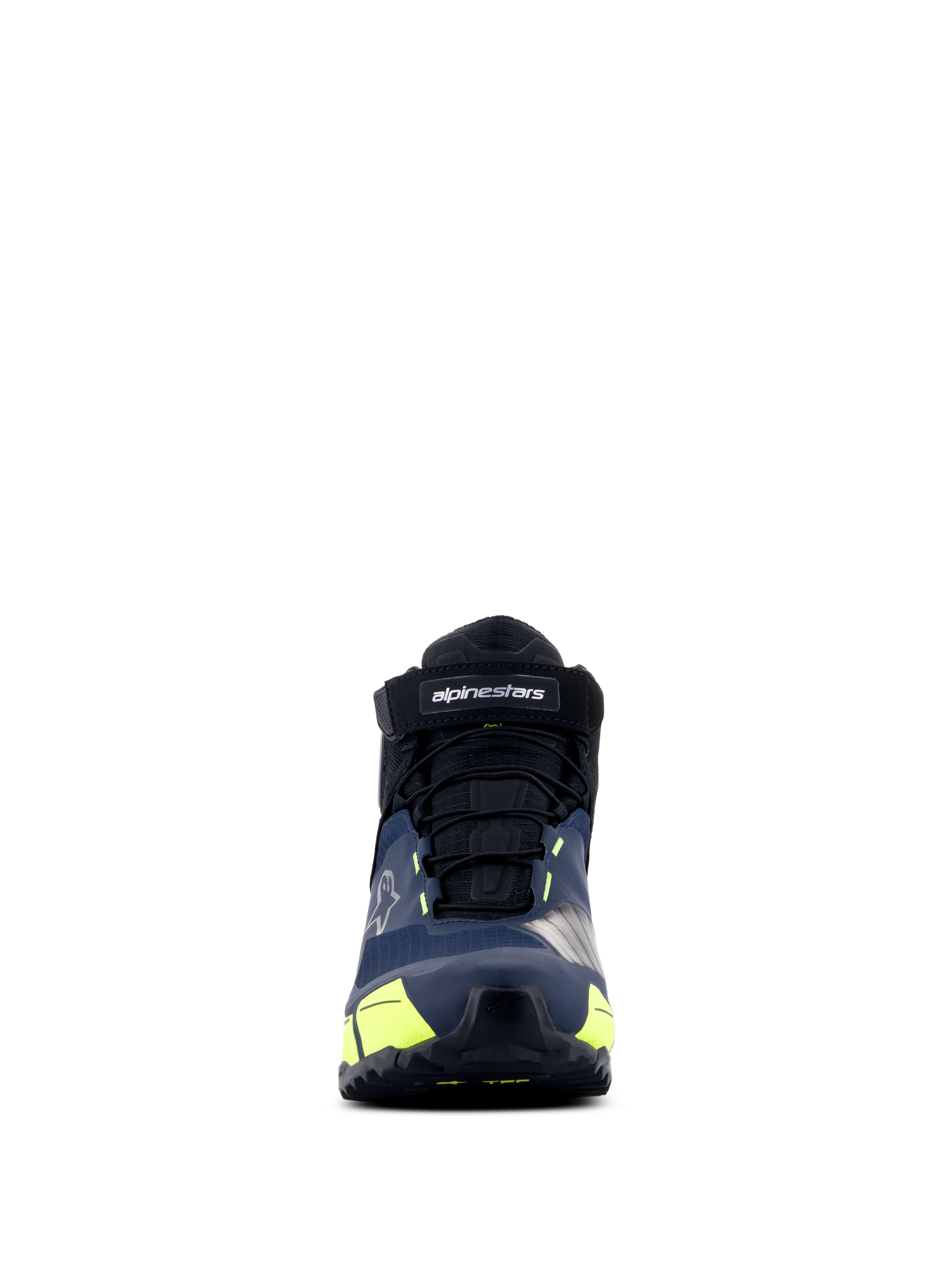 Chaussures de moto Alpinestars CR-X Drystar®, chaussures de moto, noir, bleu foncé et jaune fluo, vue de face, avec sangle velcro et logo Alpinestars, lacets noirs et touches jaune vif, design d'inspiration athlétique pour un confort quotidien.