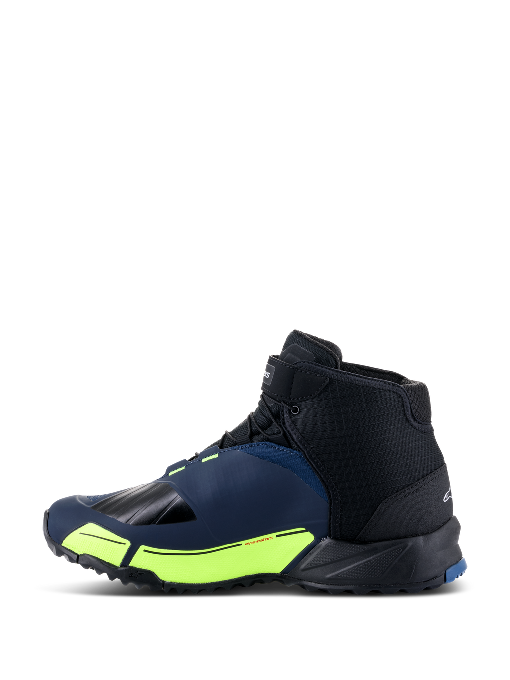 Alpinestars Chaussures de Moto CR-X Drystar®, noir, bleu foncé et jaune fluo, profil latéral présentant une silhouette de chaussure de course, membrane imperméable Drystar®, accents jaune fluo sur la semelle intermédiaire, et bout et talon renforcés pour la protection.