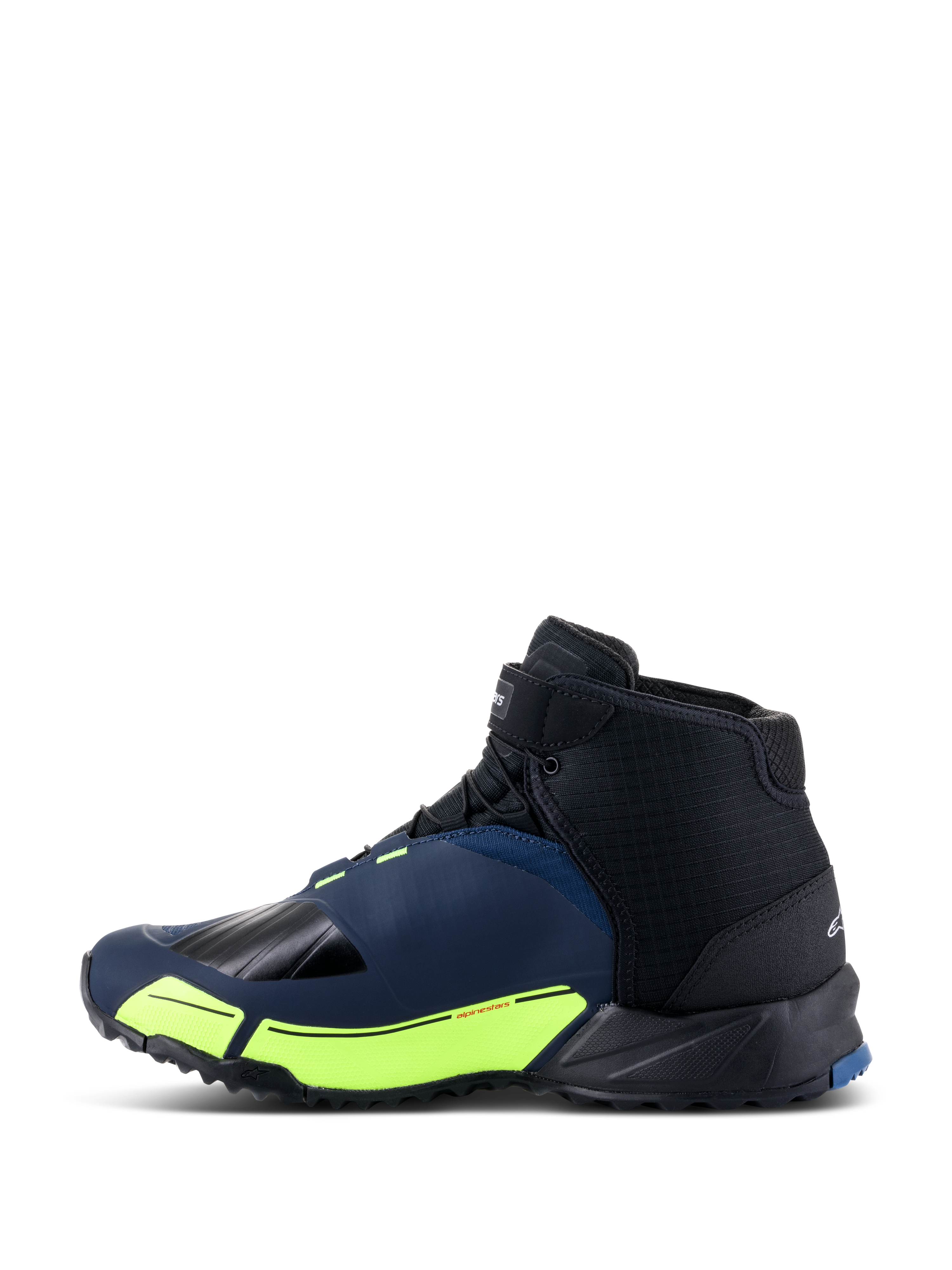 Alpinestars Chaussures de Moto CR-X Drystar®, noir, bleu foncé et jaune fluo, profil latéral présentant une silhouette de chaussure de course, membrane imperméable Drystar®, accents jaune fluo sur la semelle intermédiaire, et bout et talon renforcés pour la protection.