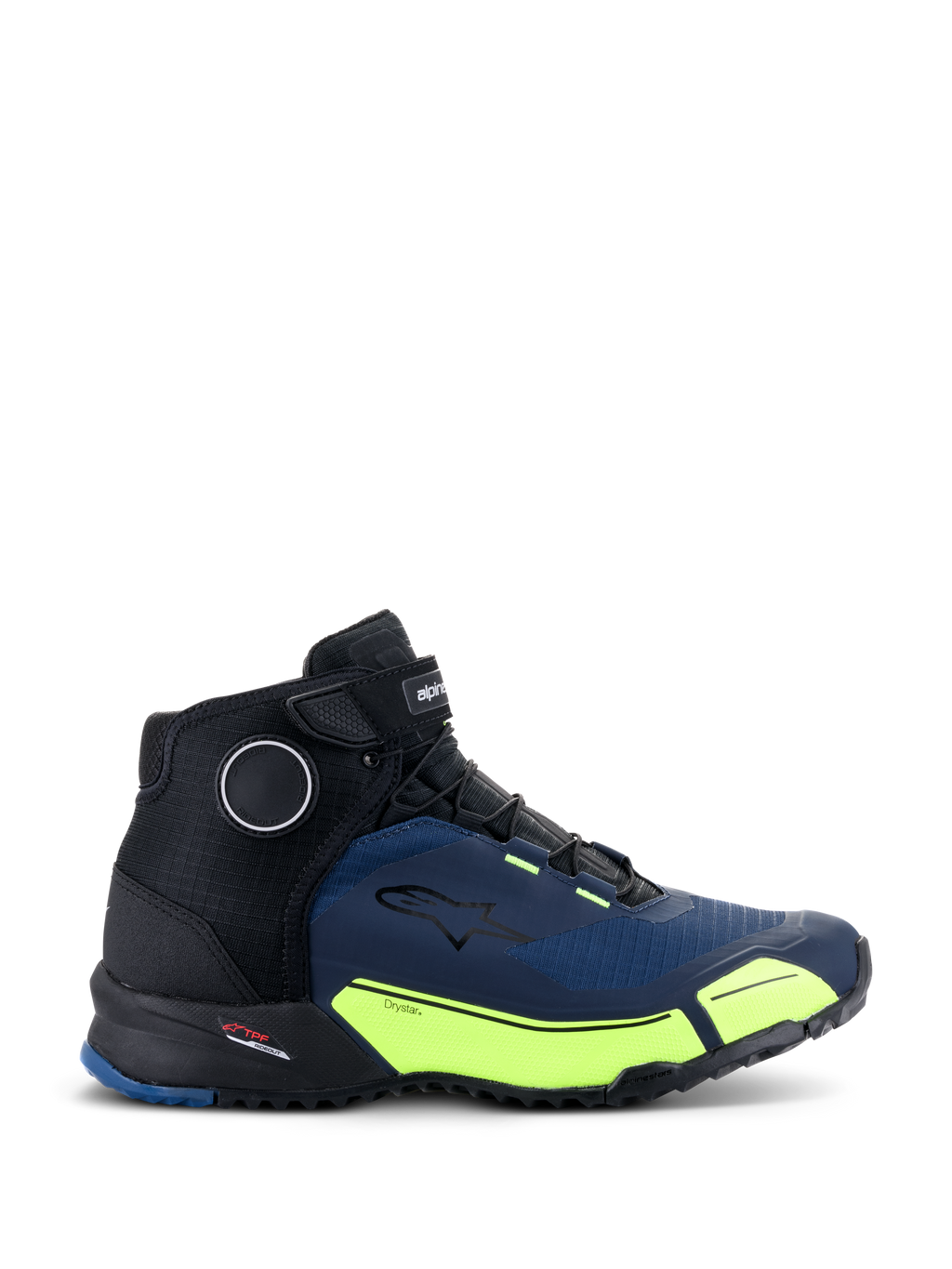 Chaussures de moto Alpinestars CR-X Drystar®, noir, bleu foncé et jaune fluo, design athlétique avec lacets noirs et sangle velcro supérieure, accents jaune vif sur la semelle intermédiaire avec marquage Drystar, logo étoile Alpinestars sur le côté, chaussures techniques pour la conduite urbaine