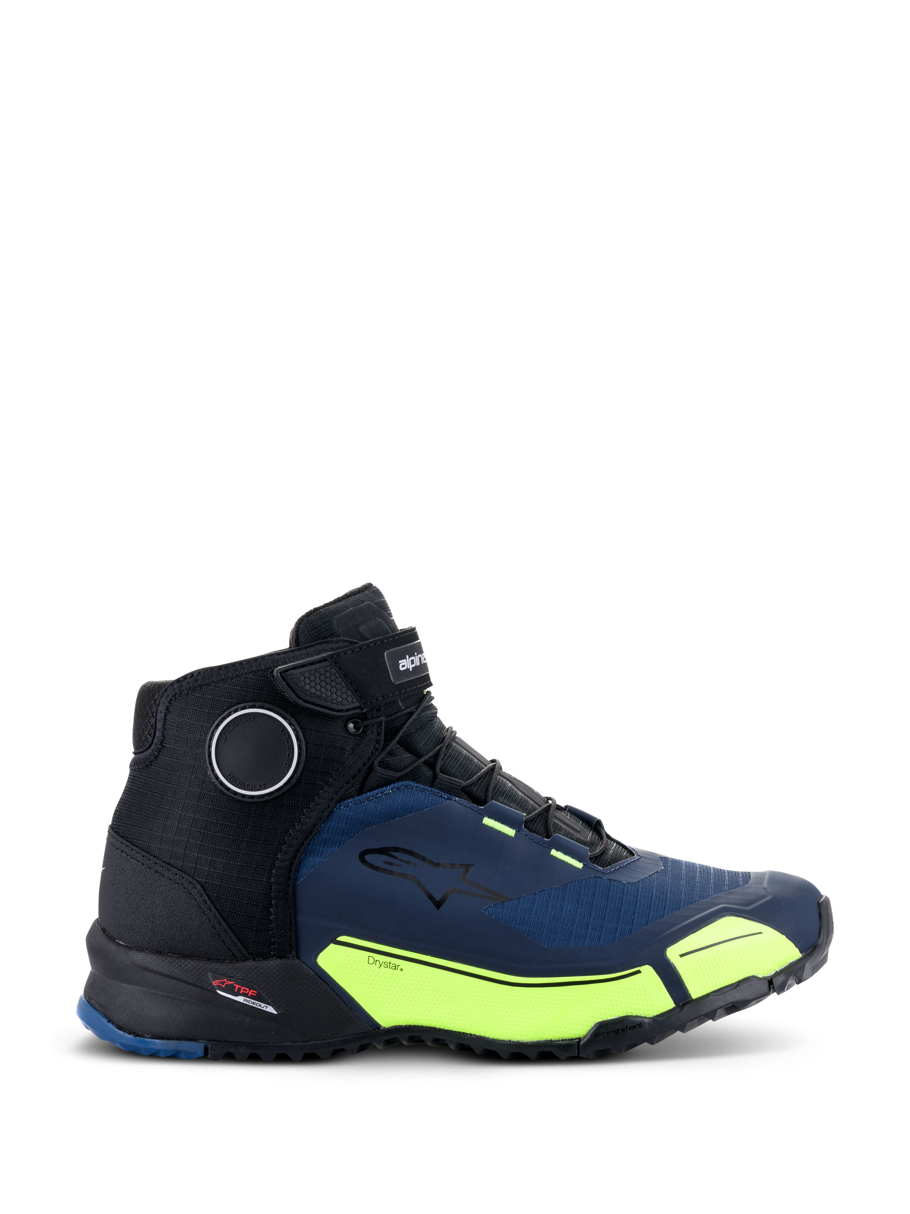 Chaussures de moto Alpinestars CR-X Drystar®, noir, bleu foncé et jaune fluo, design athlétique avec lacets noirs et sangle velcro supérieure, accents jaune vif sur la semelle intermédiaire avec marquage Drystar, logo étoile Alpinestars sur le côté, chaussures techniques pour la conduite urbaine