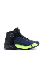 Chaussures de moto Alpinestars CR-X Drystar®, noir, bleu foncé et jaune fluo, chaussures de moto d'inspiration sportive, dotées d'accents jaune fluo et de panneaux bleu foncé, conception imperméable avec une silhouette de chaussure de running pour un confort optimal toute la journée.