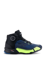 Alpinestars CR-X Drystar® Riding Shoes, Black Dark Blue and Yellow Fluo, athletic-inspired motorcycle footwear, featuring fluorescent yellow accents and dark blue panels, waterproof design with a running shoe silhouette for all-day comfort.