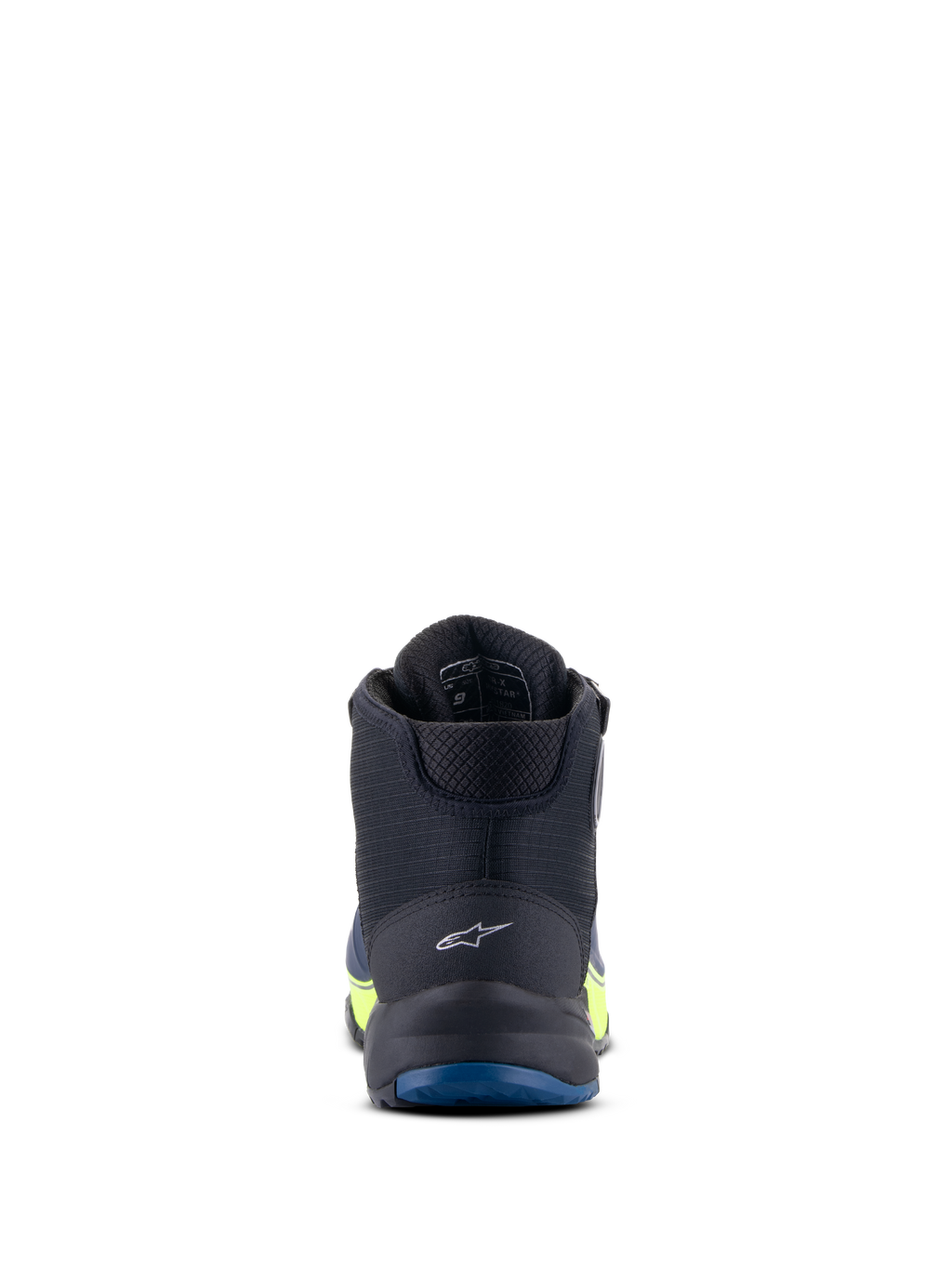Chaussures de moto Alpinestars CR-X Drystar®, noir, bleu foncé et jaune fluo, vue arrière mettant en évidence le logo au talon et la semelle extérieure bleue, performance imperméable avec des accents jaune fluo
