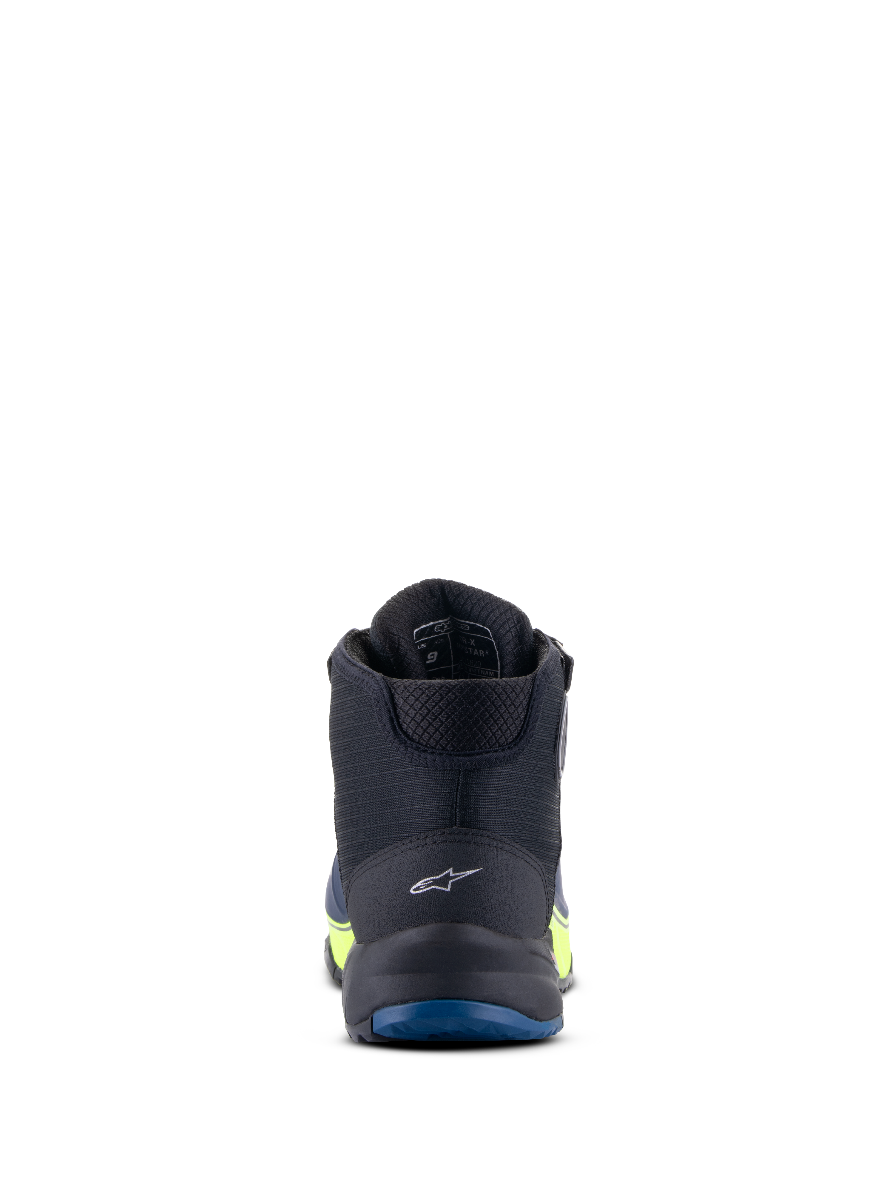Chaussures de moto Alpinestars CR-X Drystar®, noir, bleu foncé et jaune fluo, vue arrière mettant en évidence le logo au talon et la semelle extérieure bleue, performance imperméable avec des accents jaune fluo