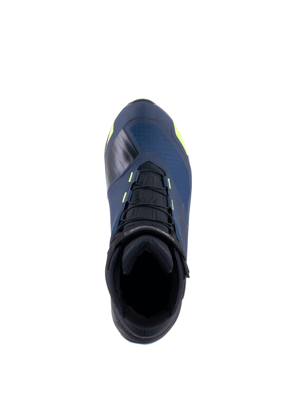 Chaussures de moto Alpinestars CR-X Drystar®, vue de dessus, Noir, Bleu Foncé et Jaune Fluo, chaussures imperméables avec une silhouette de chaussure de course, dotées de lacets noirs et d'accents jaune vif sur une tige bleu foncé