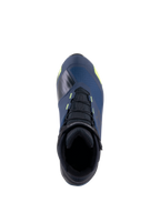 Chaussures de moto Alpinestars CR-X Drystar®, vue de dessus, Noir, Bleu Foncé et Jaune Fluo, chaussures imperméables avec une silhouette de chaussure de course, dotées de lacets noirs et d'accents jaune vif sur une tige bleu foncé