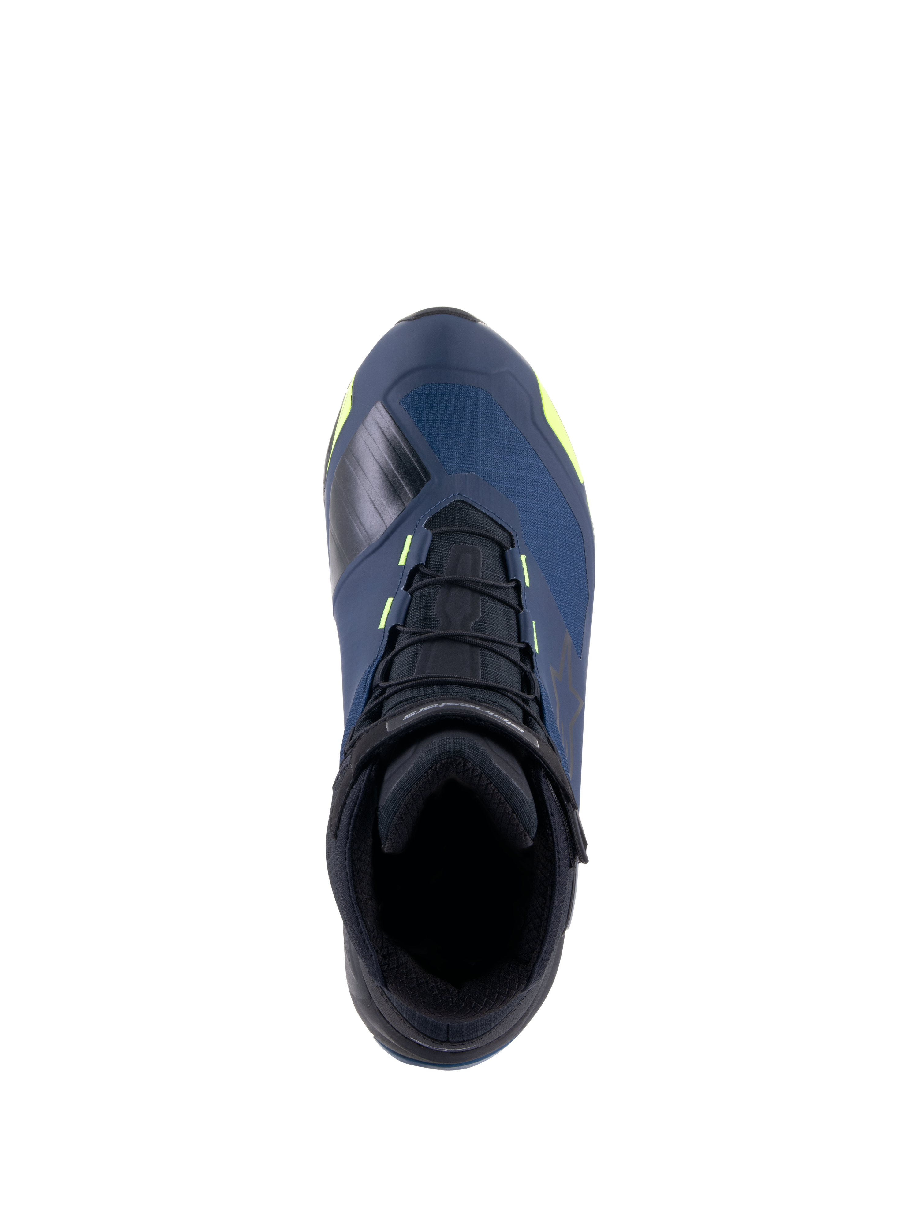 Chaussures de moto Alpinestars CR-X Drystar®, vue de dessus, Noir, Bleu Foncé et Jaune Fluo, chaussures imperméables avec une silhouette de chaussure de course, dotées de lacets noirs et d'accents jaune vif sur une tige bleu foncé