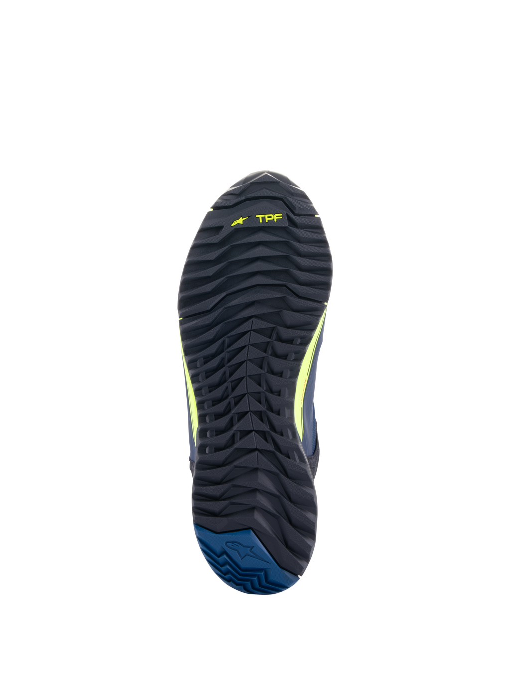 Chaussures de moto Alpinestars CR-X Drystar®, vue de la semelle extérieure, noir avec marquage TPF jaune fluo et talon bleu foncé, semelle crantée robuste pour l'adhérence et un confort de marche toute la journée