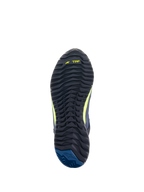 Chaussures de moto Alpinestars CR-X Drystar®, vue de la semelle extérieure, noir avec marquage TPF jaune fluo et talon bleu foncé, semelle crantée robuste pour l'adhérence et un confort de marche toute la journée