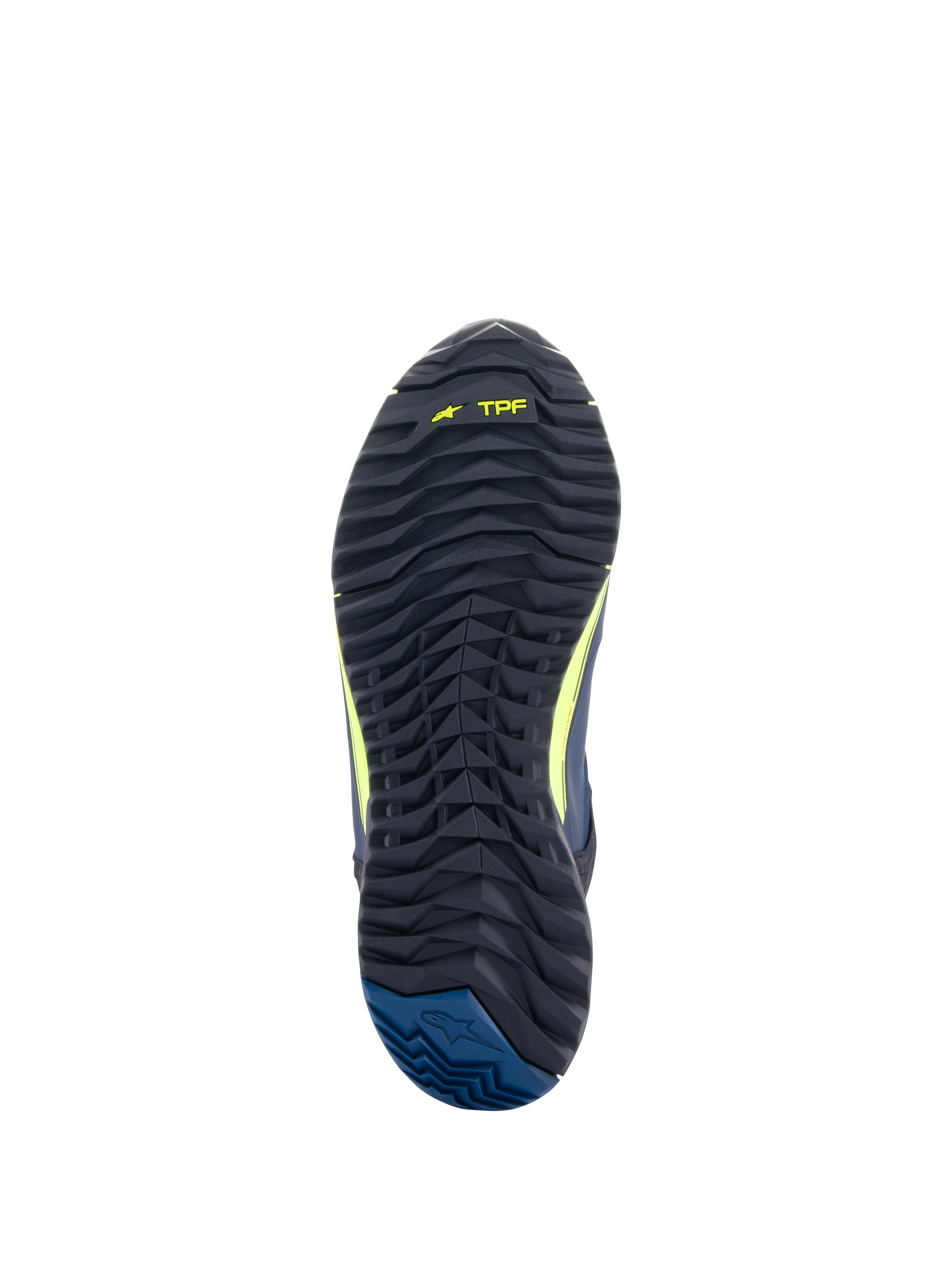 Chaussures de moto Alpinestars CR-X Drystar®, vue de la semelle extérieure, noir avec marquage TPF jaune fluo et talon bleu foncé, semelle crantée robuste pour l'adhérence et un confort de marche toute la journée