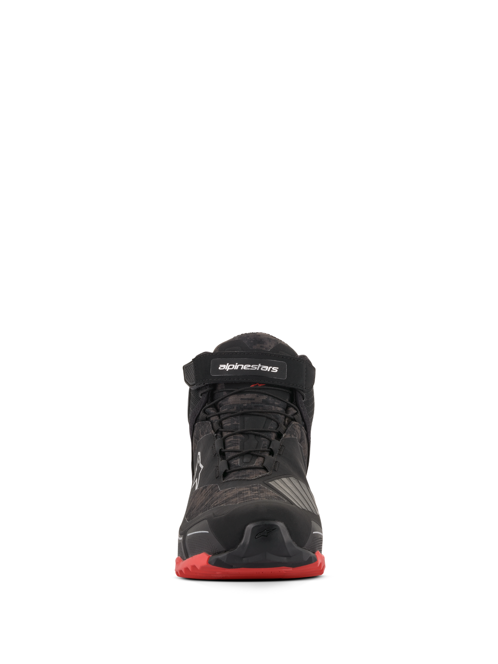 Chaussures de moto Alpinestars CR-X Drystar®, Noir Camo Rouge, vue de face avec motif camouflage, sangle de cheville noire avec logo blanc, lacets noirs et accents rouges sur la semelle extérieure.