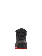 Chaussures de moto Alpinestars CR-X Drystar®, Noir Camo Rouge, vue de face avec motif camouflage, sangle de cheville noire avec logo blanc, lacets noirs et accents rouges sur la semelle extérieure.