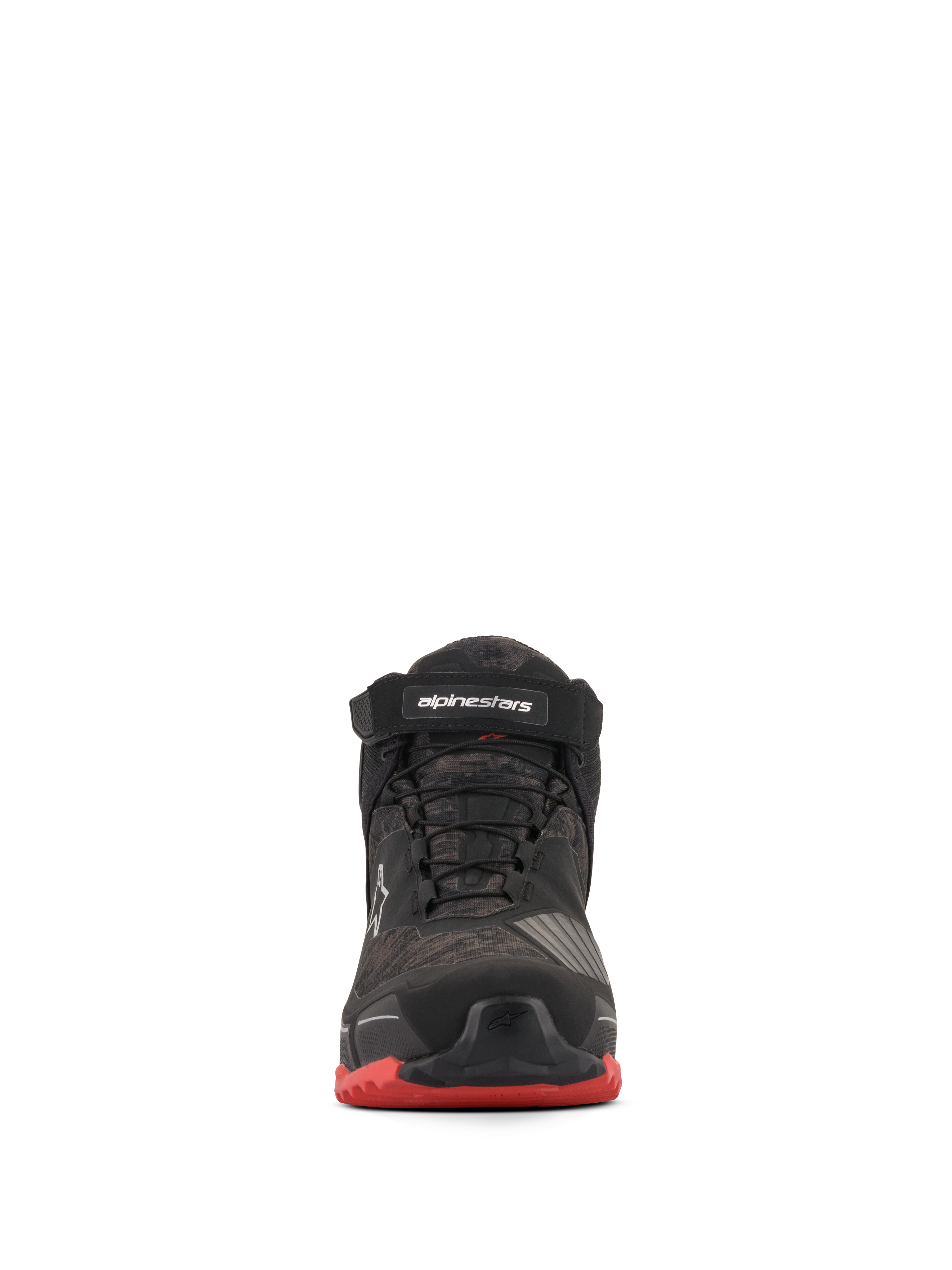 Chaussures de moto Alpinestars CR-X Drystar®, Noir Camo Rouge, vue de face avec motif camouflage, sangle de cheville noire avec logo blanc, lacets noirs et accents rouges sur la semelle extérieure.