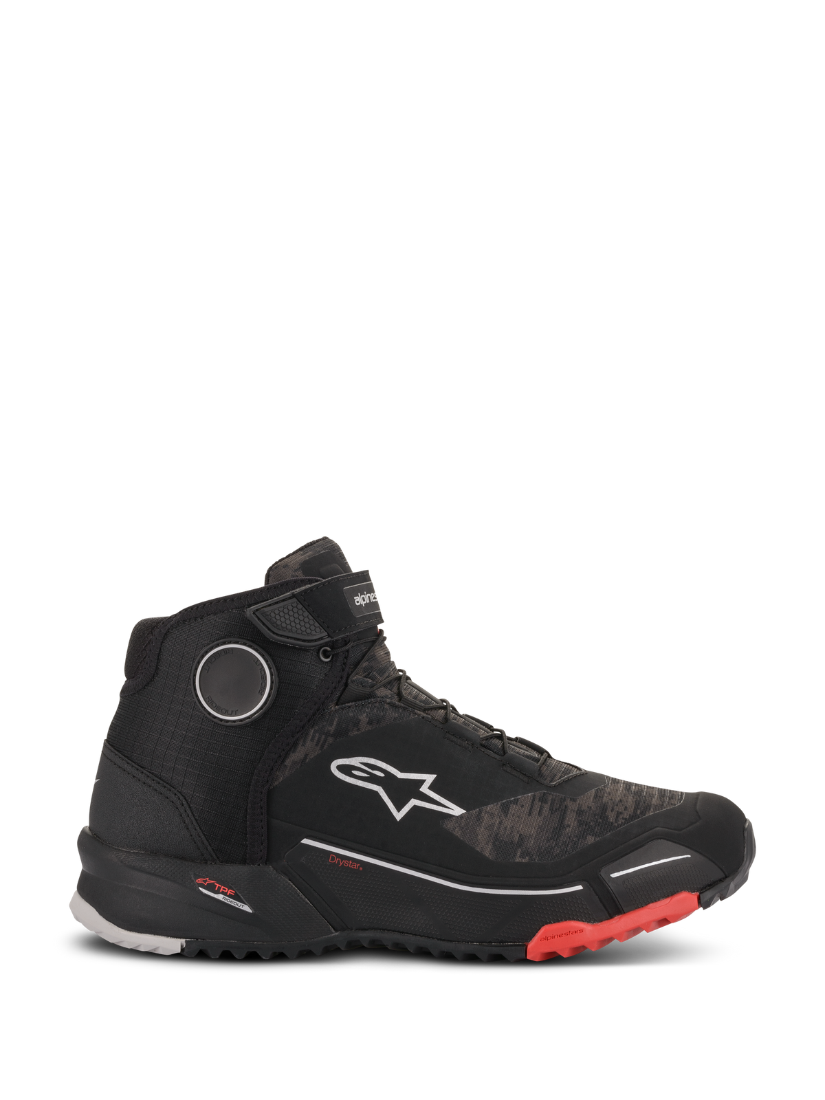 Alpinestars CR-X Drystar Riding Shoes, waterproof motorcycle footwear in Black Camo Red, side profile view featuring a textured camo-patterned upper, white Alpinestars logo, ankle strap, and a black ridged sole with red accents at the toe.