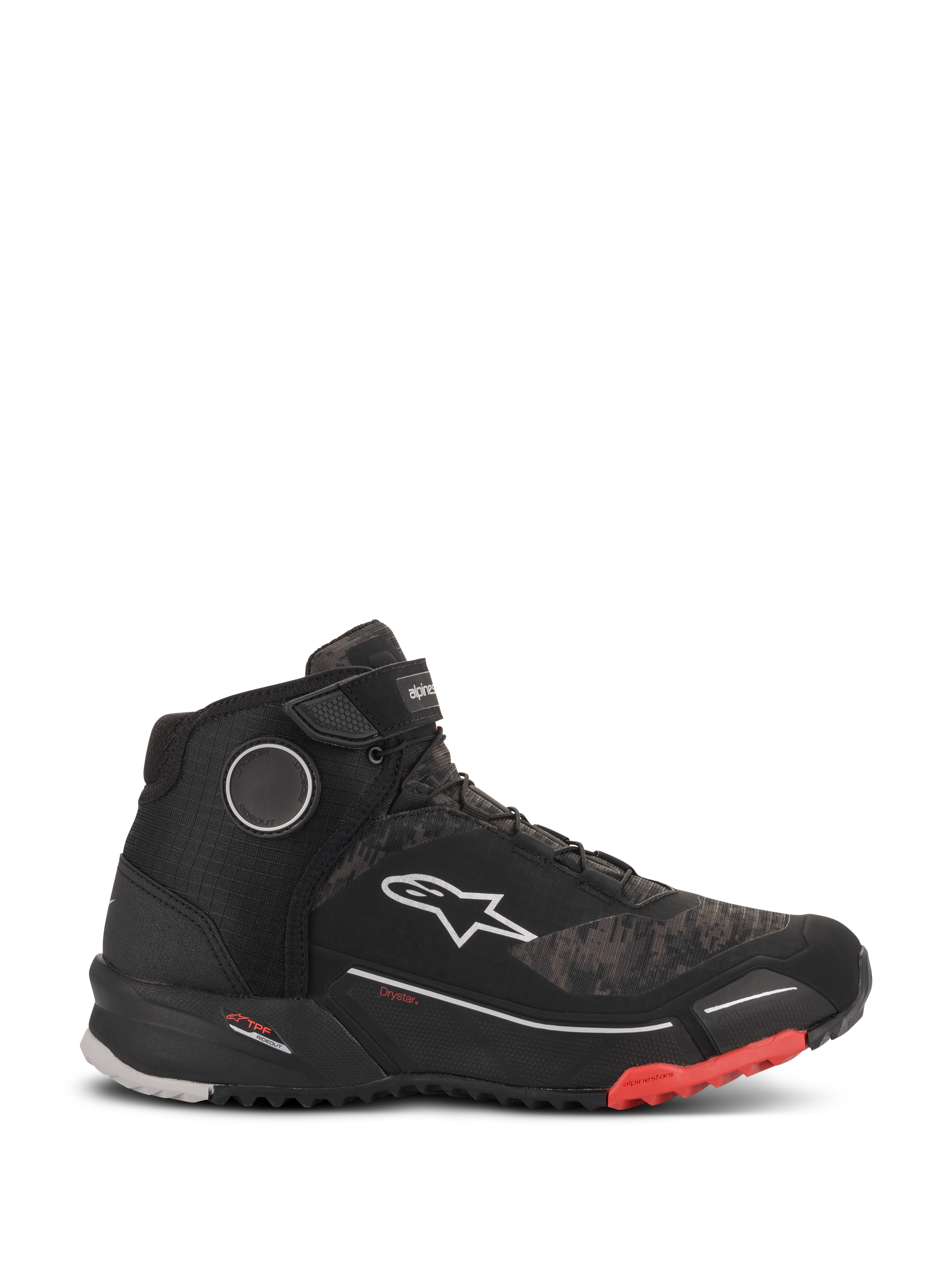 Chaussures de moto Alpinestars CR-X Drystar, chaussures de moto imperméables en Black Camo Red, vue de profil avec tige à motif camouflage texturé, logo Alpinestars blanc, sangle à la cheville et semelle crantée noire avec des accents rouges à la pointe