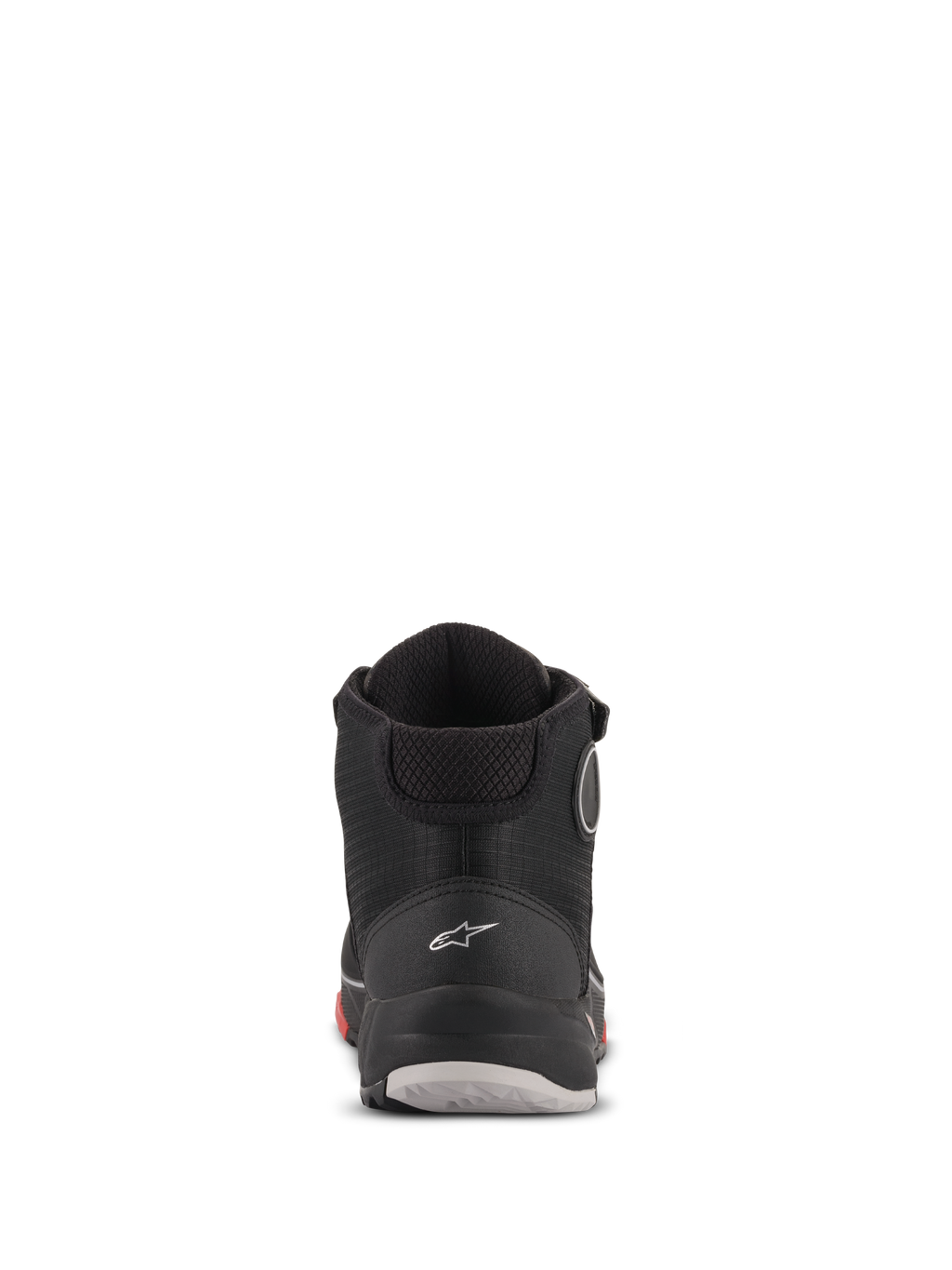 Chaussures de moto Alpinestars CR-X Drystar®, vue arrière, Noir Camo Rouge, avec un logo Astars blanc sur le talon, un col de cheville rembourré et une semelle durable avec des accents rouges et gris.