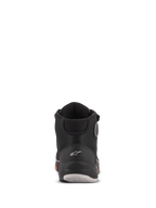Chaussures de moto Alpinestars CR-X Drystar®, vue arrière, Noir Camo Rouge, avec un logo Astars blanc sur le talon, un col de cheville rembourré et une semelle durable avec des accents rouges et gris.
