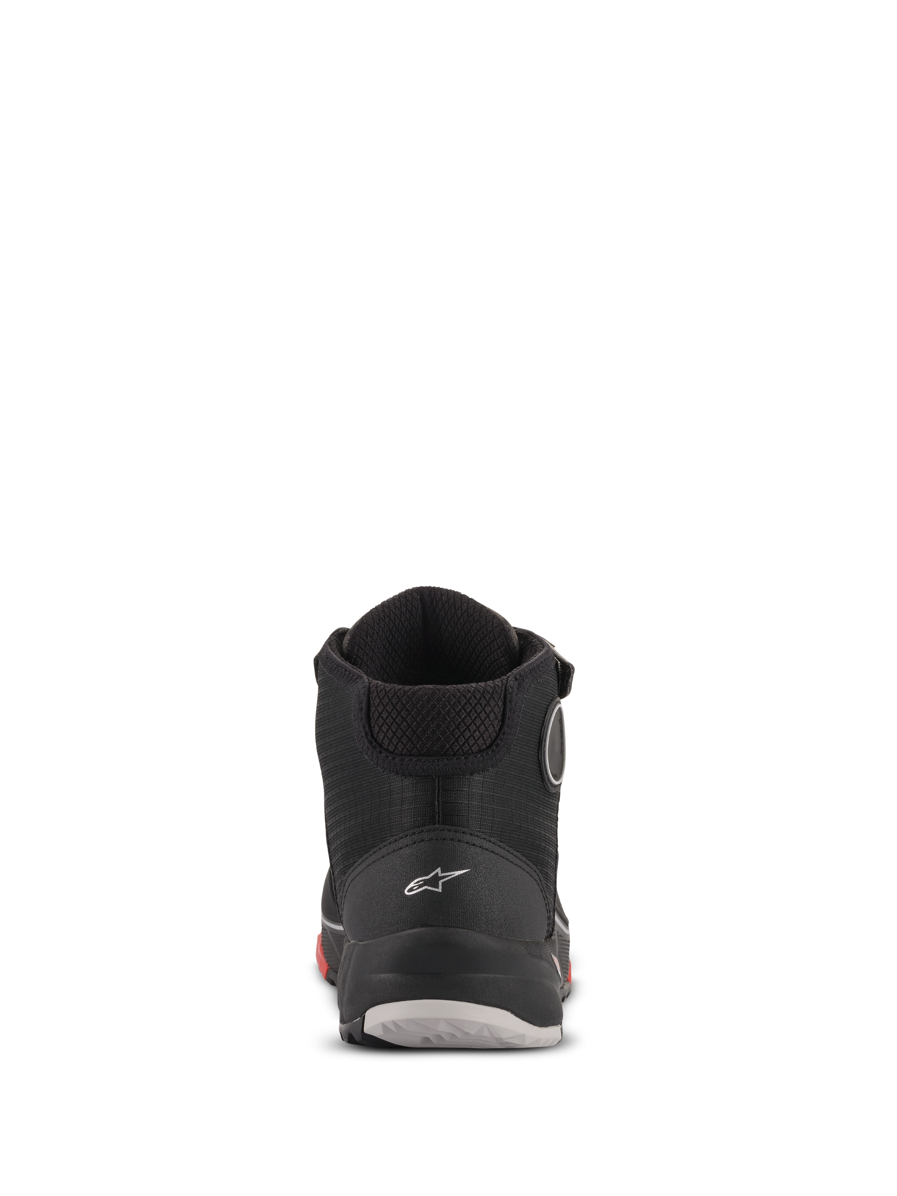 Chaussures de moto Alpinestars CR-X Drystar®, vue arrière, Noir Camo Rouge, avec un logo Astars blanc sur le talon, un col de cheville rembourré et une semelle durable avec des accents rouges et gris.