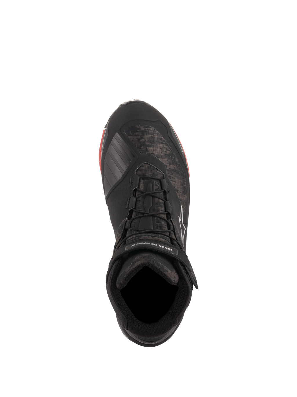 Chaussures de moto Alpinestars CR-X Drystar®, Noir Camo Rouge, vue de dessus montrant le motif camouflage et les lacets noirs, sangle de cheville avec logo Alpinestars blanc, chaussures de moto imperméables avec accents rouges sur la semelle