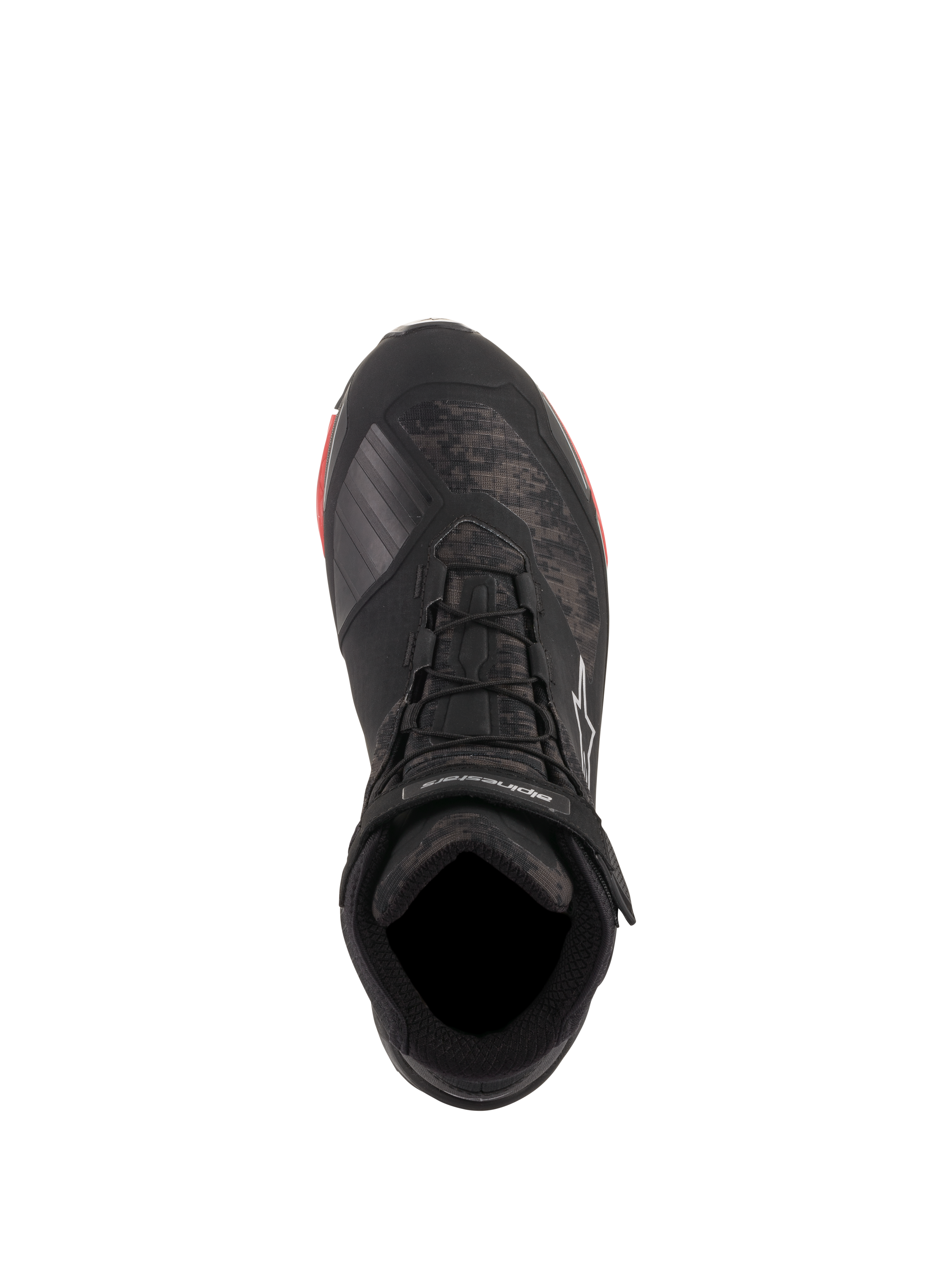 Chaussures de moto Alpinestars CR-X Drystar®, Noir Camo Rouge, vue de dessus montrant le motif camouflage et les lacets noirs, sangle de cheville avec logo Alpinestars blanc, chaussures de moto imperméables avec accents rouges sur la semelle