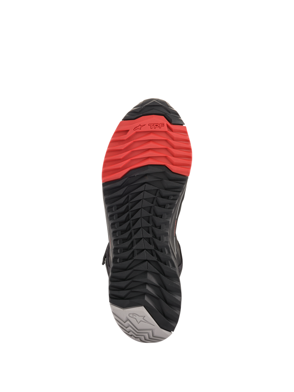 Chaussures de moto Alpinestars CR-X Drystar®, vue de la semelle, présentant un motif de crampons multicolore avec du rouge à la pointe, du noir au milieu et du gris au talon, design d'adhérence agressif pour la protection à moto et le confort de marche.