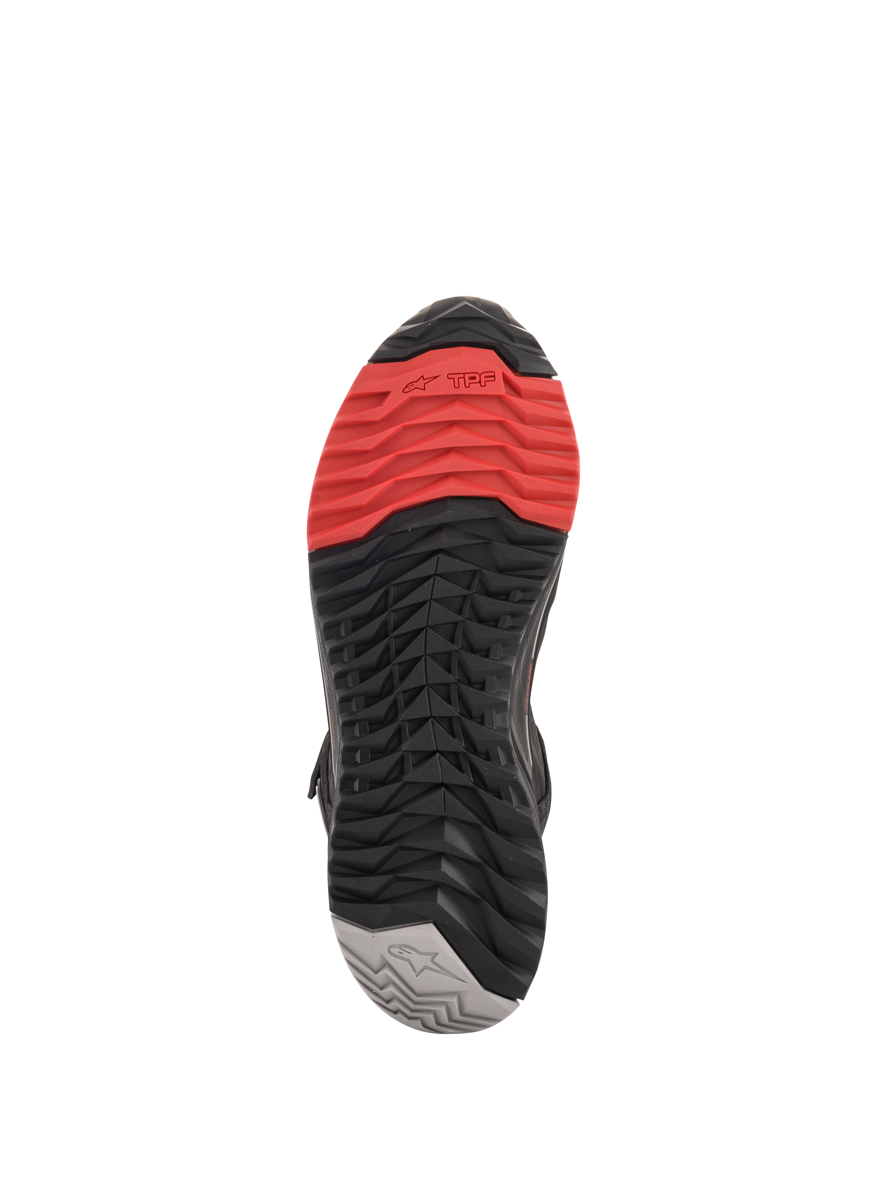 Chaussures de moto Alpinestars CR-X Drystar®, vue de la semelle, présentant un motif de crampons multicolore avec du rouge à la pointe, du noir au milieu et du gris au talon, design d'adhérence agressif pour la protection à moto et le confort de marche.