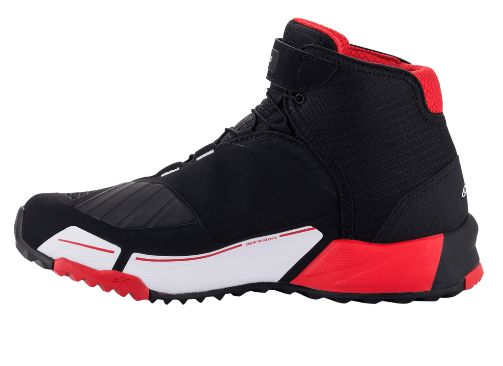 Alpinestars MM93 CR-X Drystar® Riding Shoes, Motorcycle Riding Shoes, Black Red and White, side profile view featuring a black textile upper, red interior lining, and white midsole with red accents, protective shift pad, sporty running shoe-inspired design