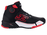 Alpinestars MM93 CR-X Drystar® Riding Shoe, Black Red White, side profile view of a protective motorcycle shoe, featuring bold red Marc Marquez '93' branding, white midsole panel, and red outsole accents, sporty sneaker-inspired design